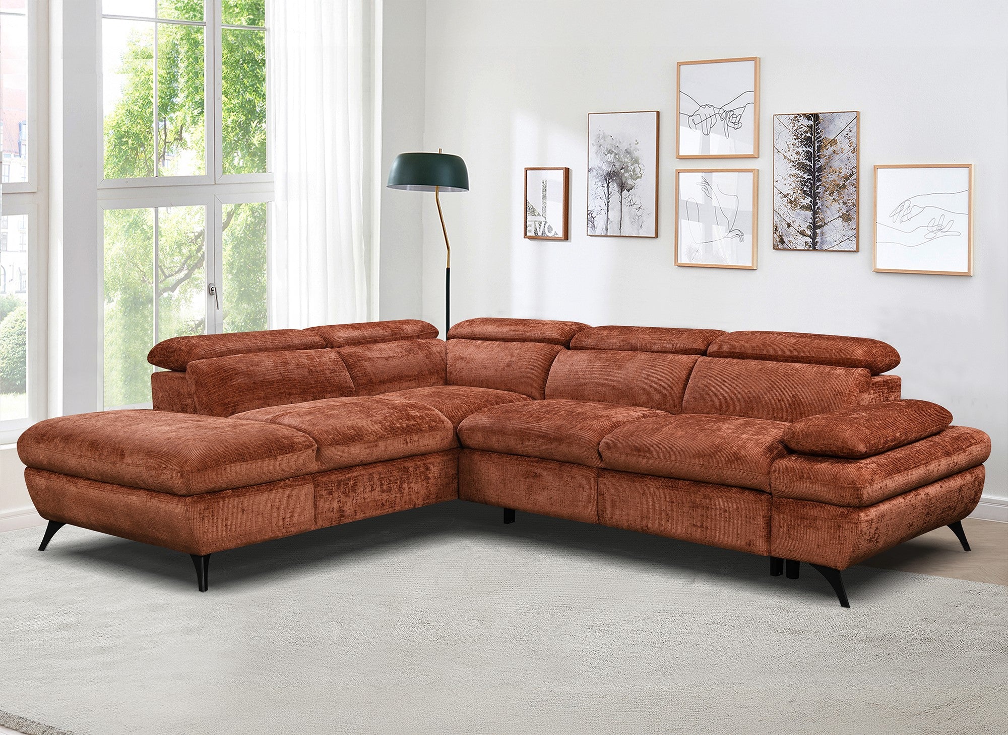 Sofá cama esquinero LUFY con almacenaje en terciopelo jaspeado color terracota - Esquina izquierda