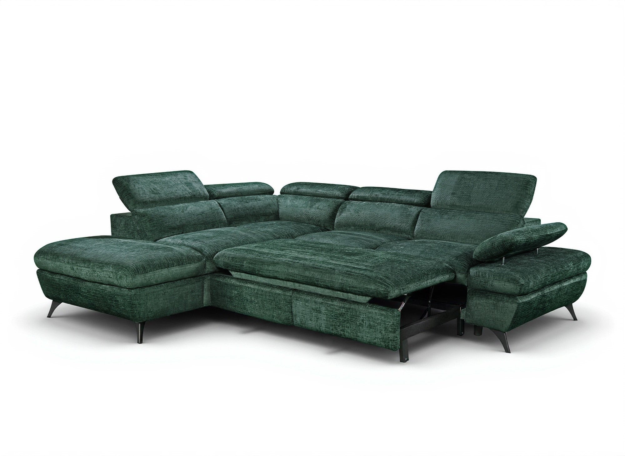 Sofá cama esquinero LUFY con almacenaje en terciopelo verde jaspeado - Esquina izquierda
