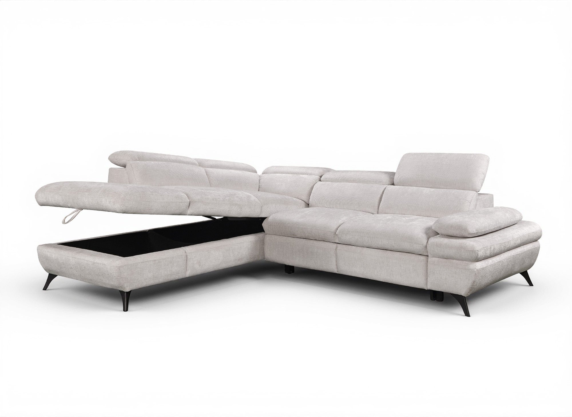 Sofá esquinero convertible LUFY con almacenaje en terciopelo jaspeado blanco roto - Esquina izquierda