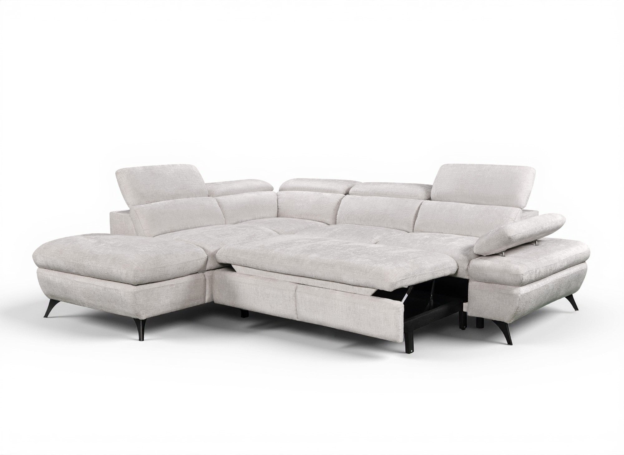 Sofá esquinero convertible LUFY con almacenaje en terciopelo jaspeado blanco roto - Esquina izquierda