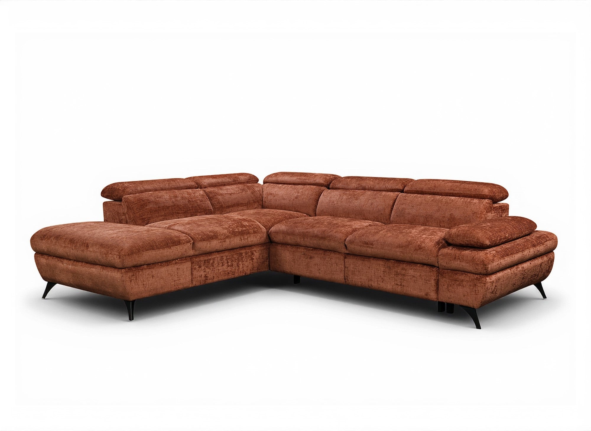 Sofá cama esquinero LUFY con almacenaje en terciopelo jaspeado color terracota - Esquina izquierda