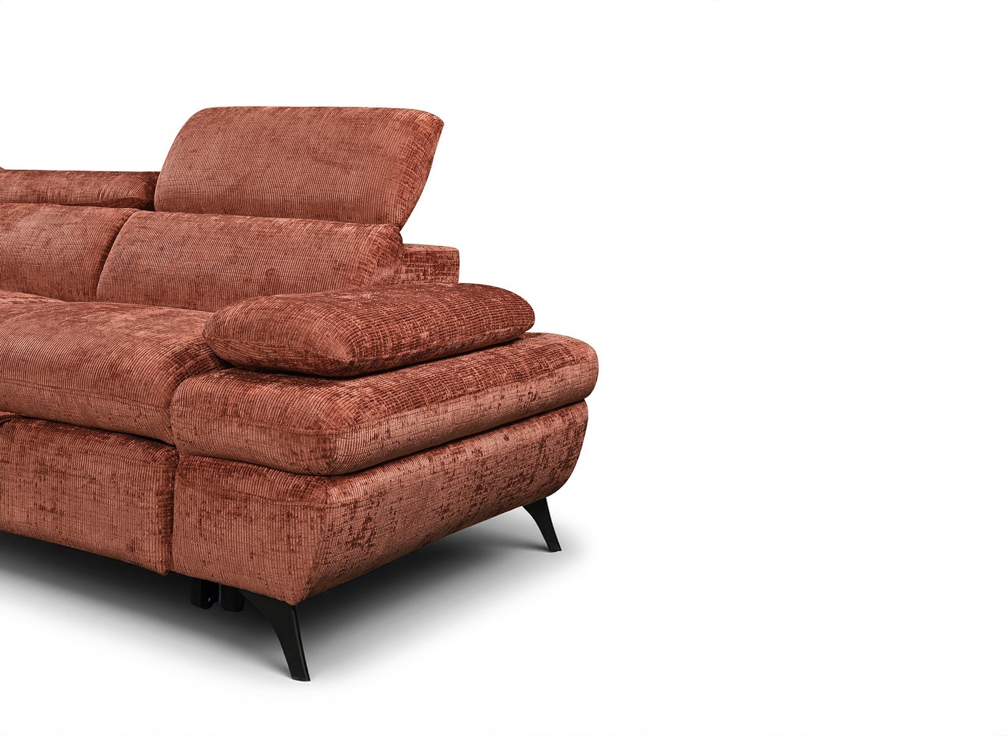 Sofá cama esquinero LUFY con almacenaje en terciopelo jaspeado color terracota - Esquina izquierda