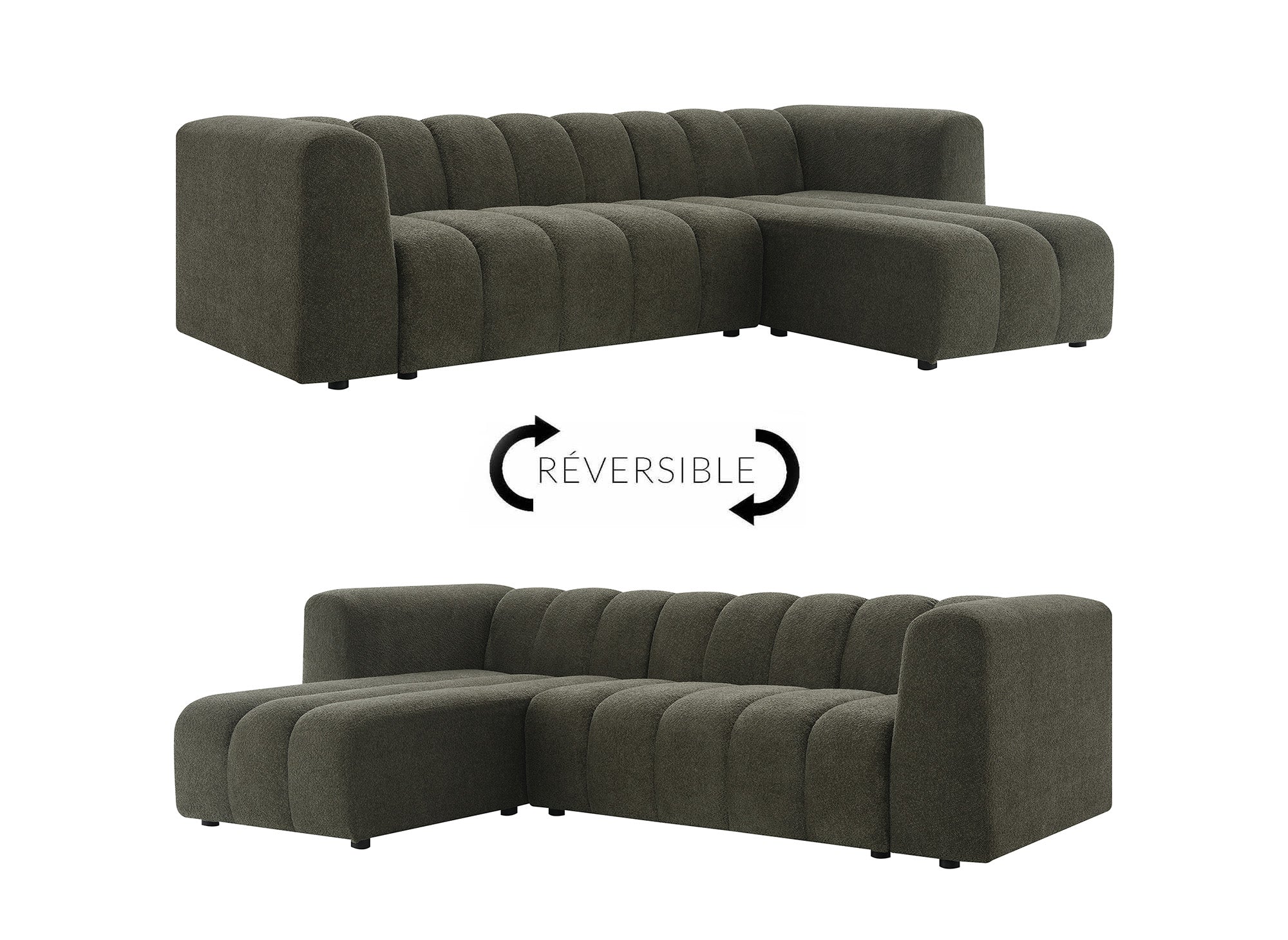 Sofá esquinero reversible AELIS en tejido bouclé verde