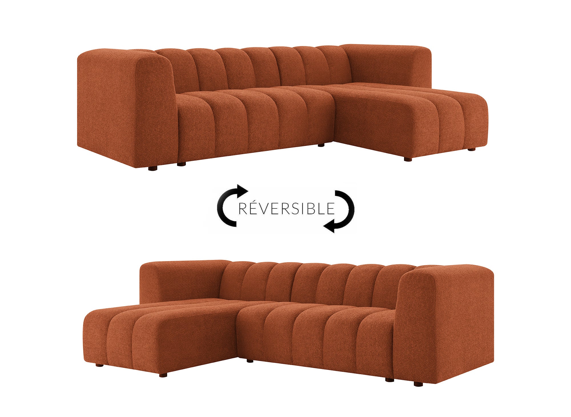 Sofá esquinero reversible AELIS en tejido bouclé terracota