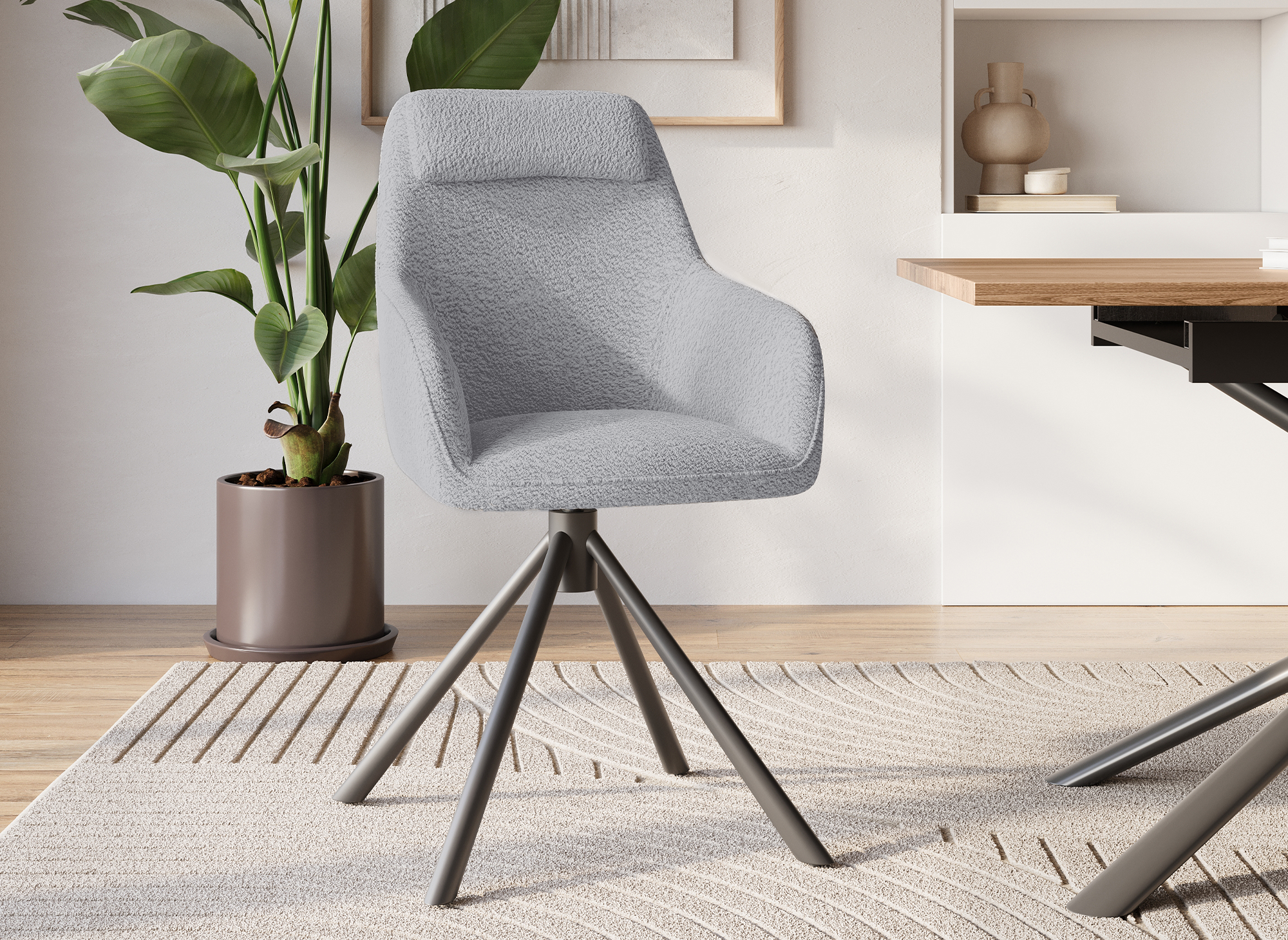 Silla giratoria AGNES con reposabrazos efecto piel de oveja gris claro