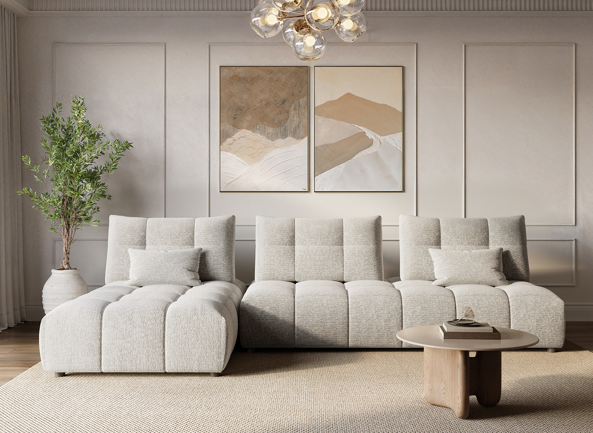 Sofá esquinero reversible ALANA en terciopelo texturizado beige