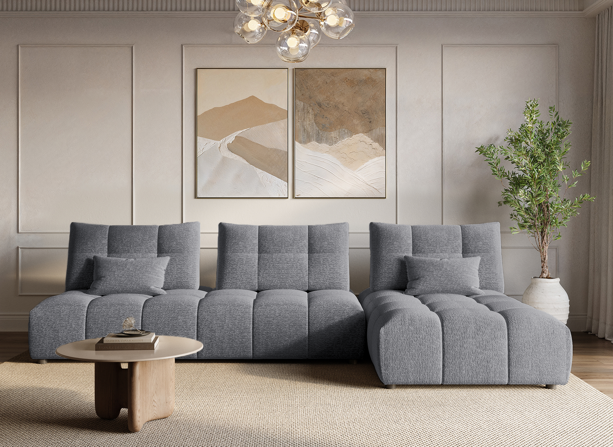 Sofá esquinero reversible ALANA en terciopelo gris texturizado