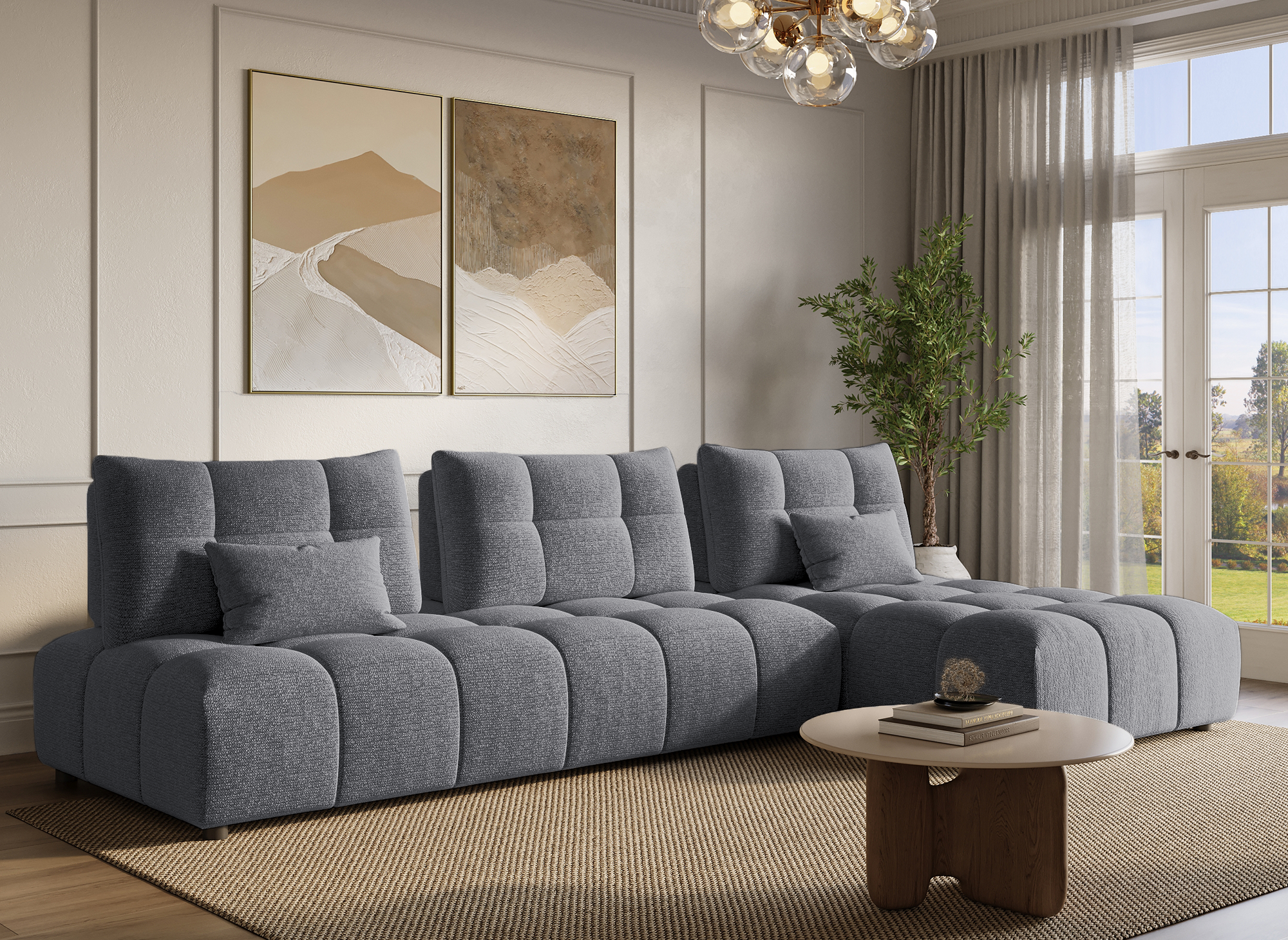 Sofá esquinero reversible ALANA en terciopelo gris texturizado