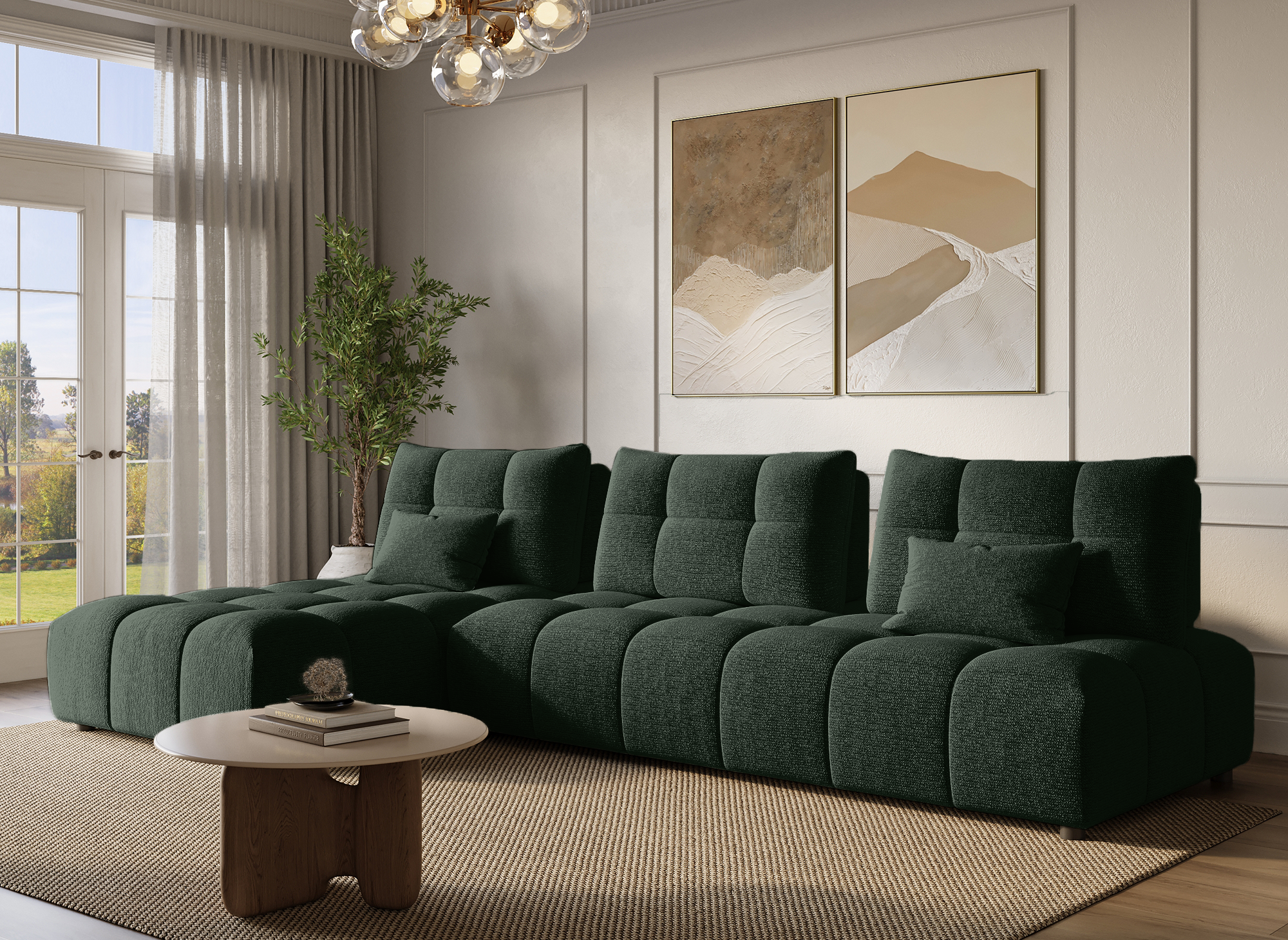 Sofá esquinero reversible ALANA en terciopelo verde caqui texturizado