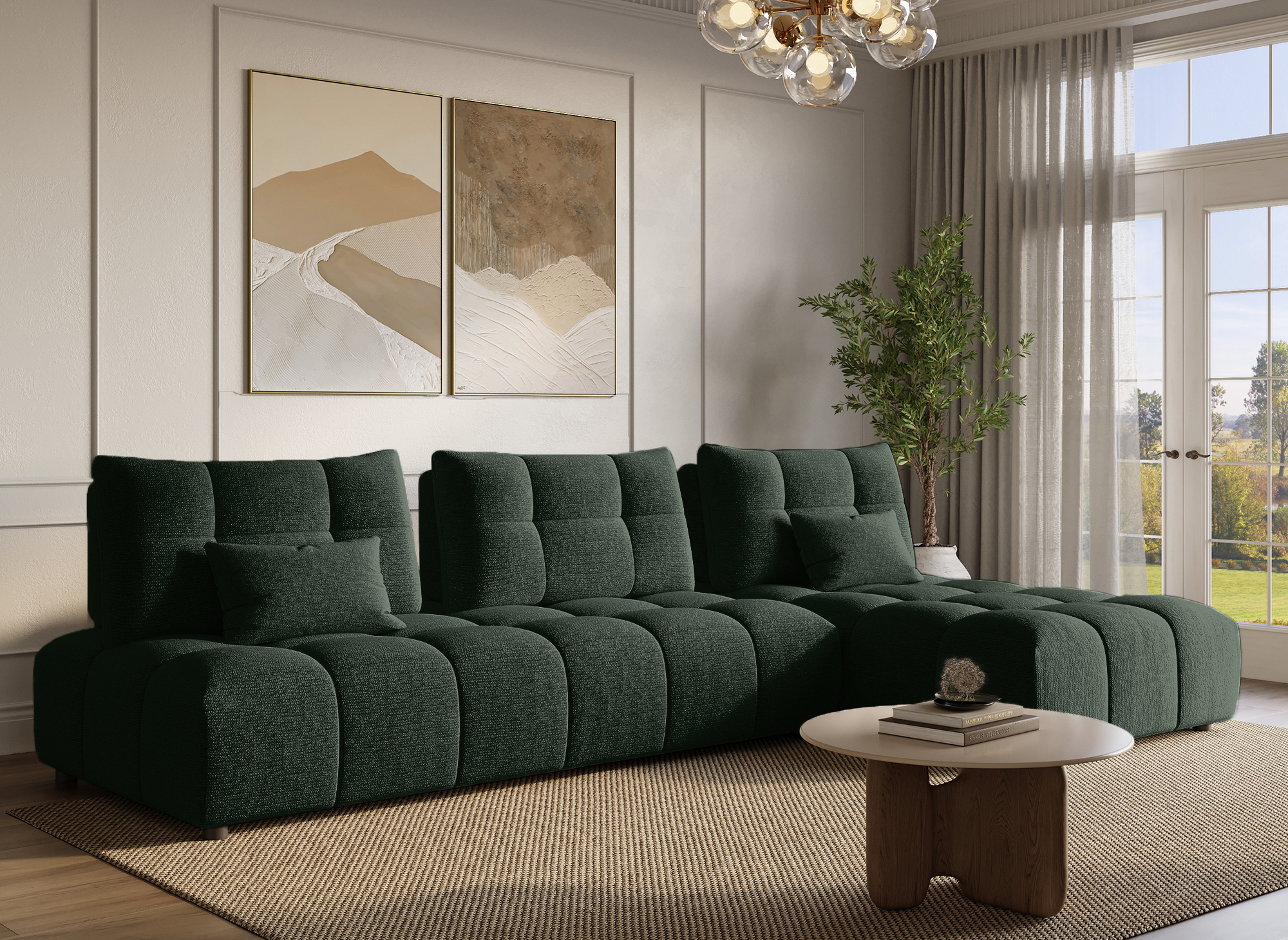 Sofá esquinero reversible ALANA en terciopelo verde caqui texturizado