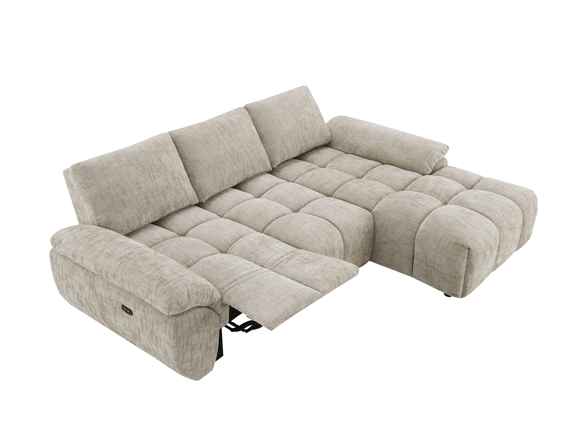 Sofá esquinero reclinable eléctrico ALPES en terciopelo jaspeado color topo - Esquina derecha