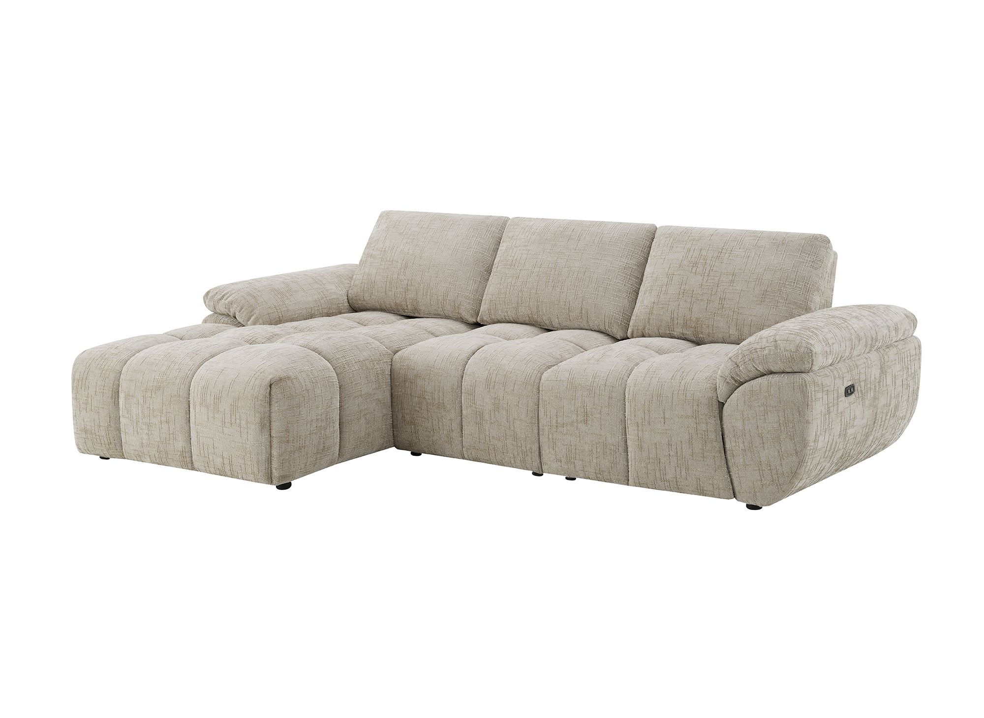 Sofá esquinero reclinable eléctrico ALPES en terciopelo jaspeado color topo - Esquina izquierda