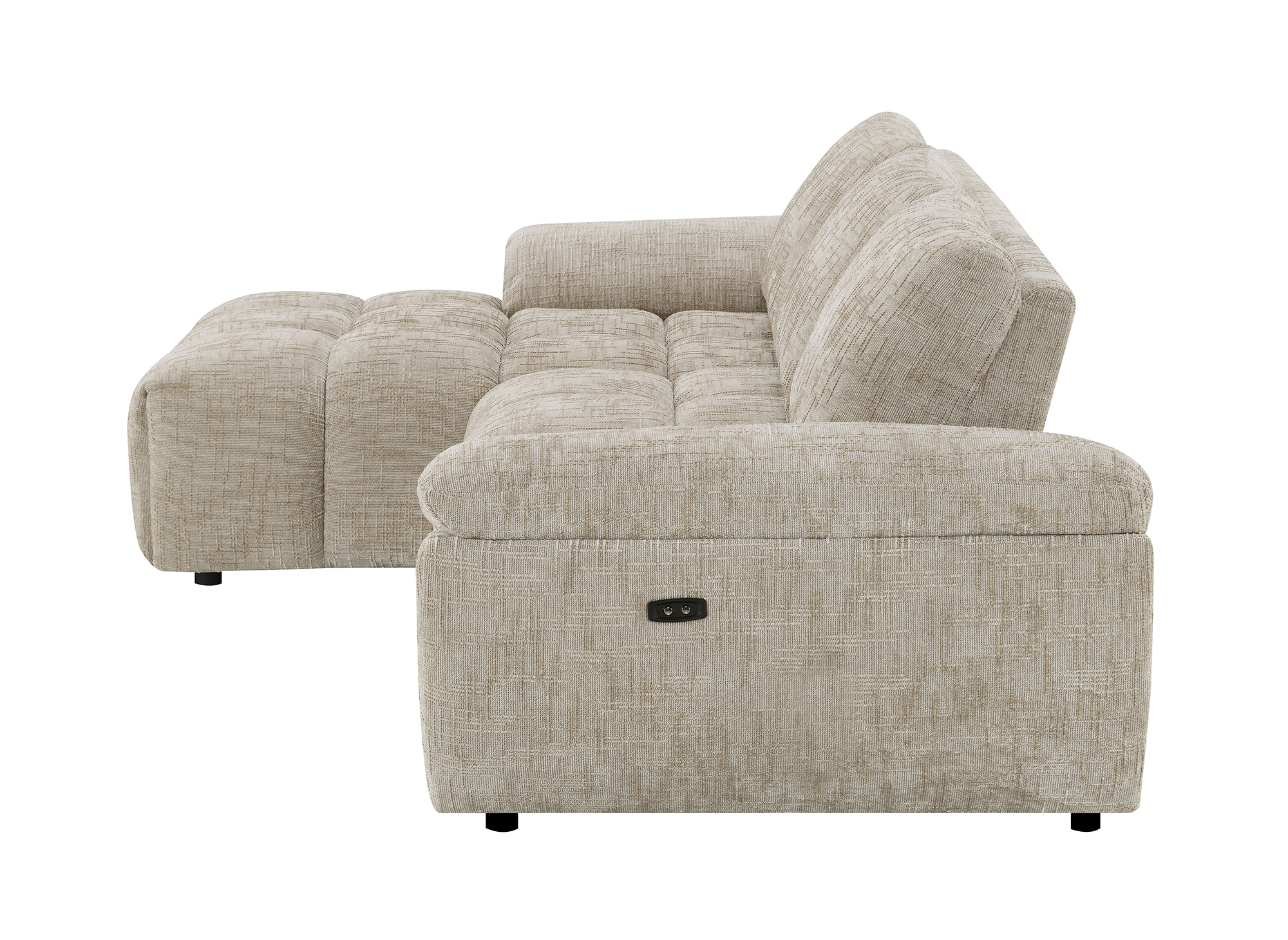 Sofá esquinero reclinable eléctrico ALPES en terciopelo jaspeado color topo - Esquina izquierda