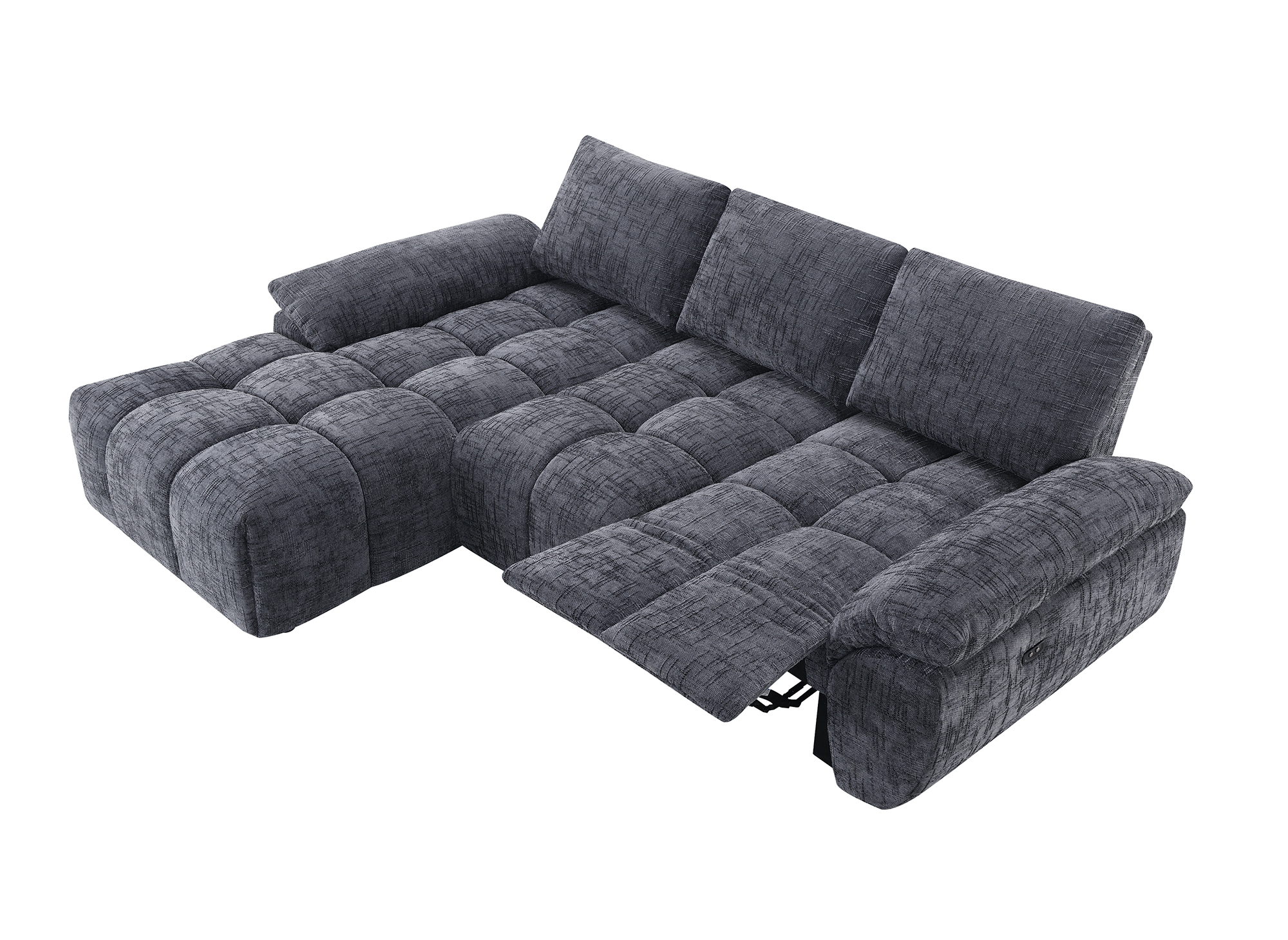 Sofá esquinero reclinable eléctrico ALPES en terciopelo gris jaspeado - Esquina izquierda