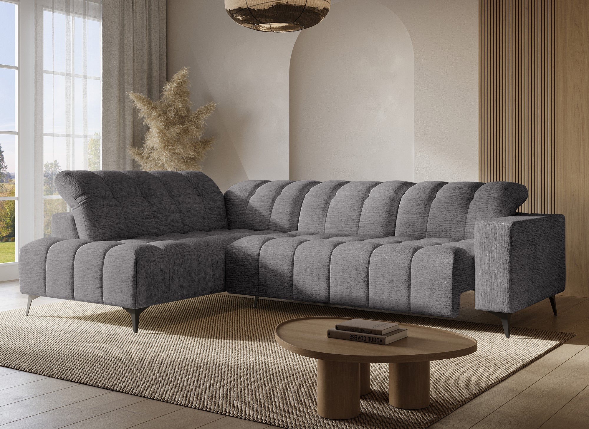 Sofá esquinero reclinable eléctrico ALVAR en terciopelo gris jaspeado - Esquina izquierda