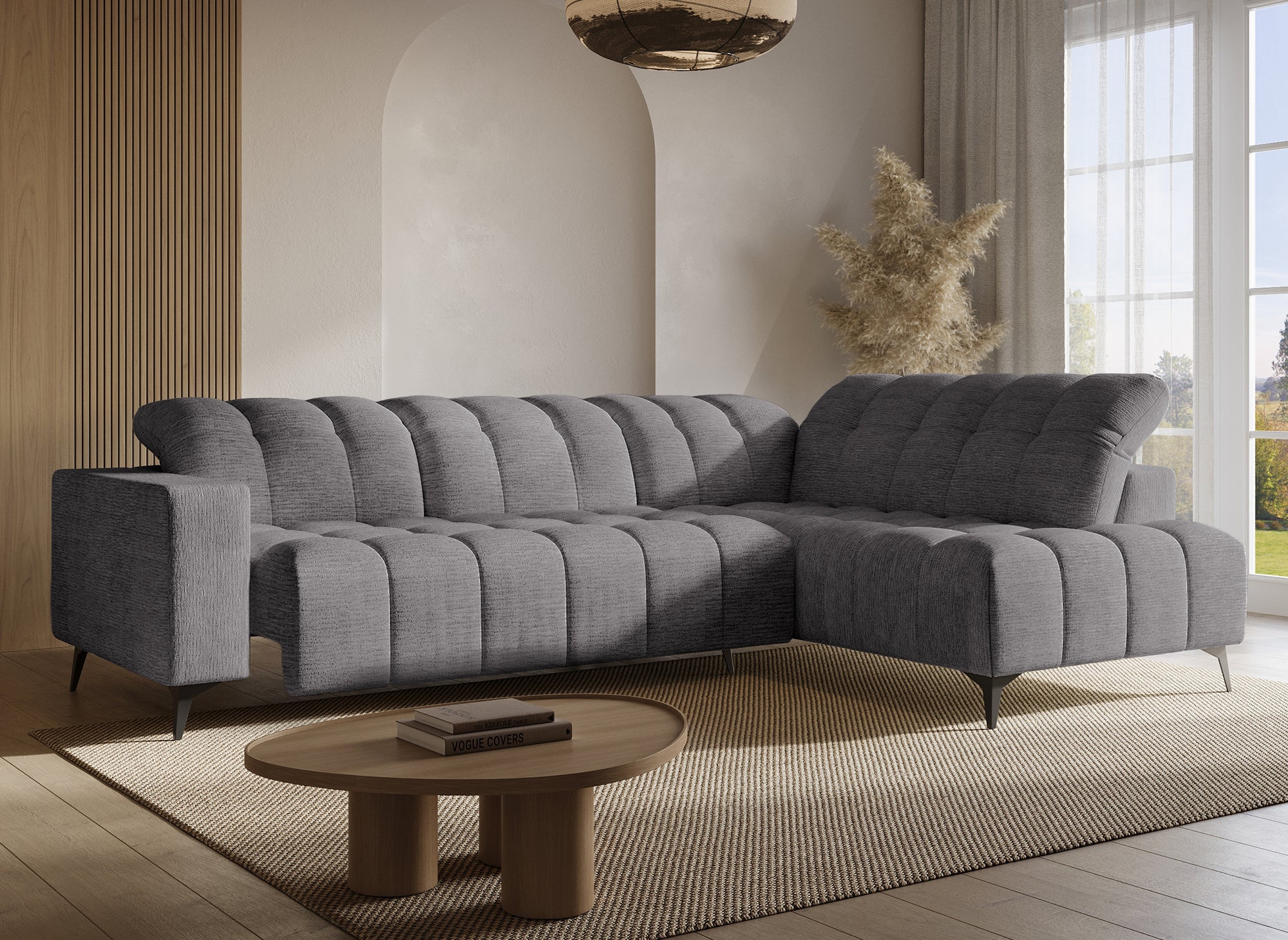 Sofá esquinero reclinable eléctrico ALVAR en terciopelo gris jaspeado - Esquinero derecho