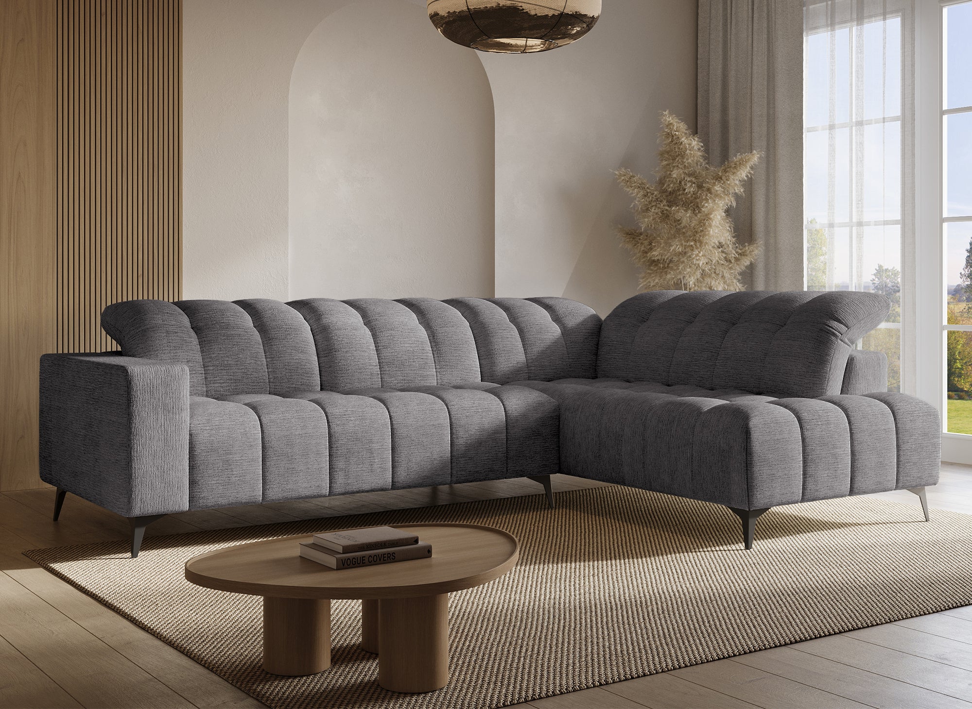 Sofá esquinero reclinable eléctrico ALVAR en terciopelo gris jaspeado - Esquinero derecho