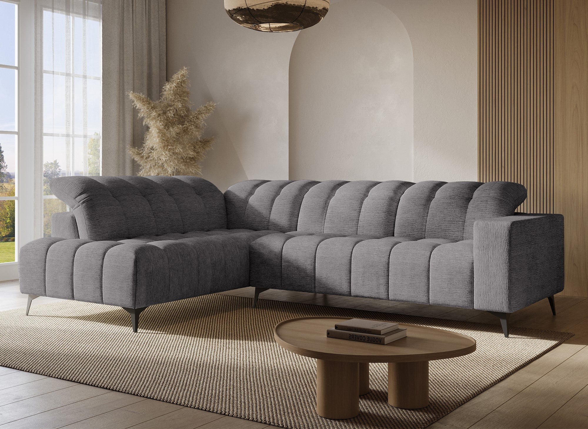 Sofá esquinero reclinable eléctrico ALVAR en terciopelo gris jaspeado - Esquina izquierda