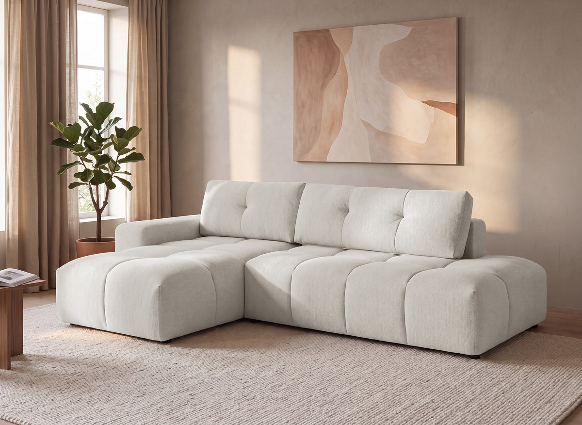 Sofá esquinero convertible con cómoda en tejido texturado beige ANGELINE - Esquina izquierda