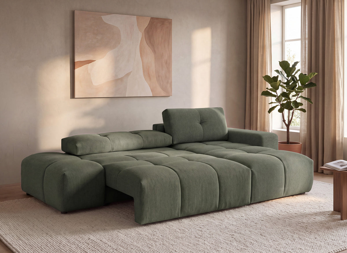 Sofá esquinero convertible con cómoda en tejido texturado verde oliva ANGELINE - Ángulo recto