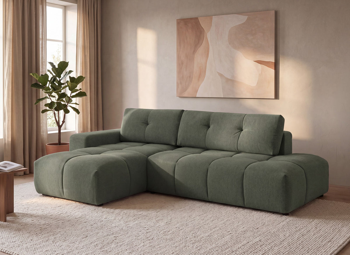Sofá esquinero convertible con cómoda en tejido texturado verde oliva ANGELINE - Esquina izquierda