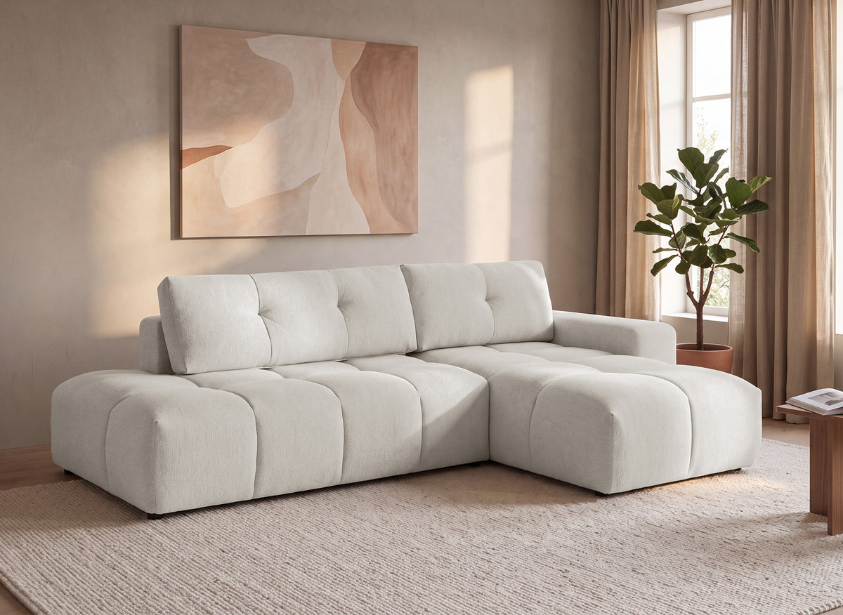 Sofá esquinero convertible con cómoda en tejido texturado beige ANGELINE - Ángulo recto