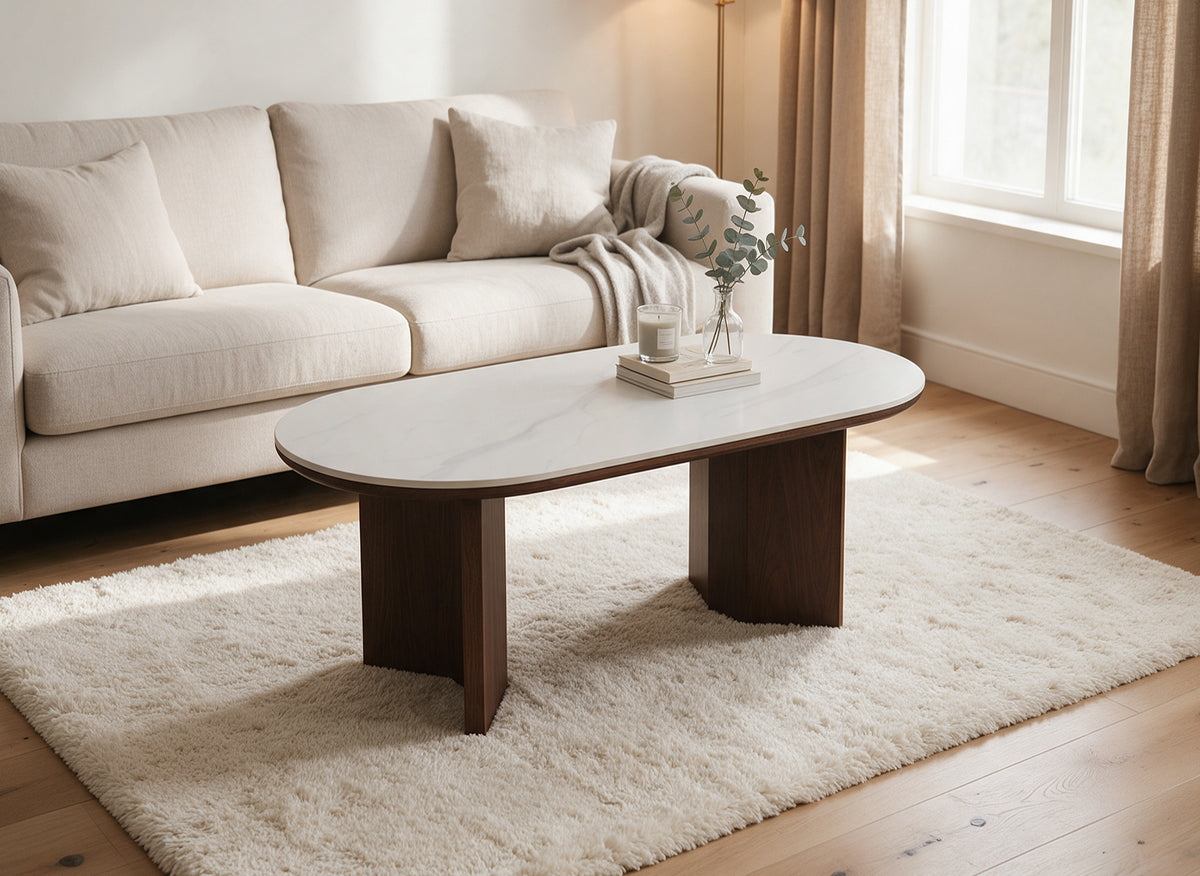 Mesita de cerámica beige con patas de madera de nogal AMANDINE