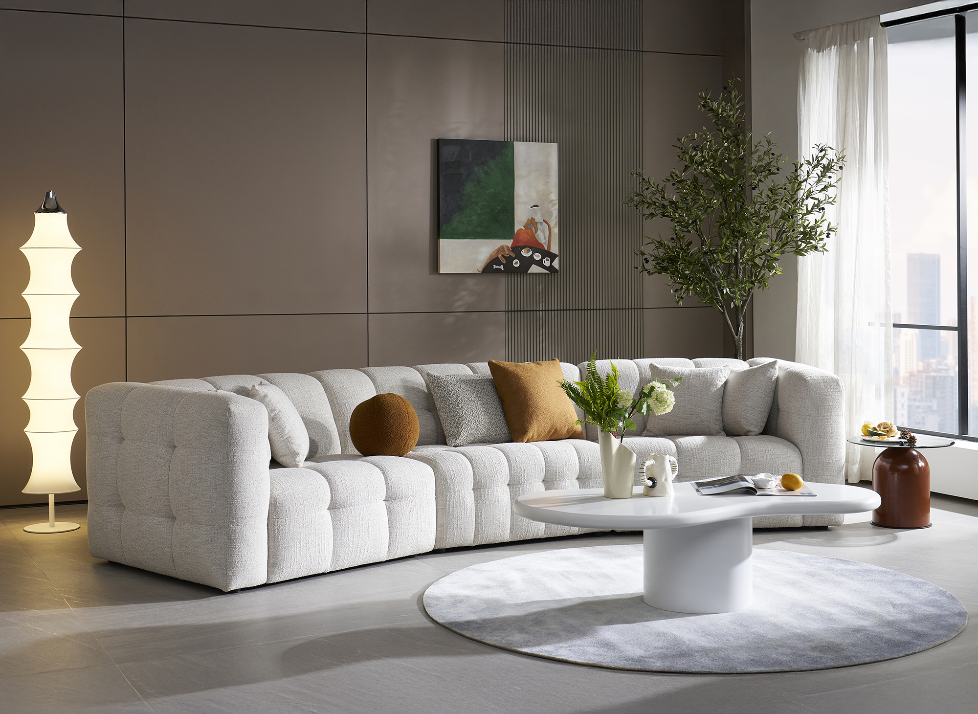 Sofá recto ARELIA de 5 plazas en terciopelo texturizado beige