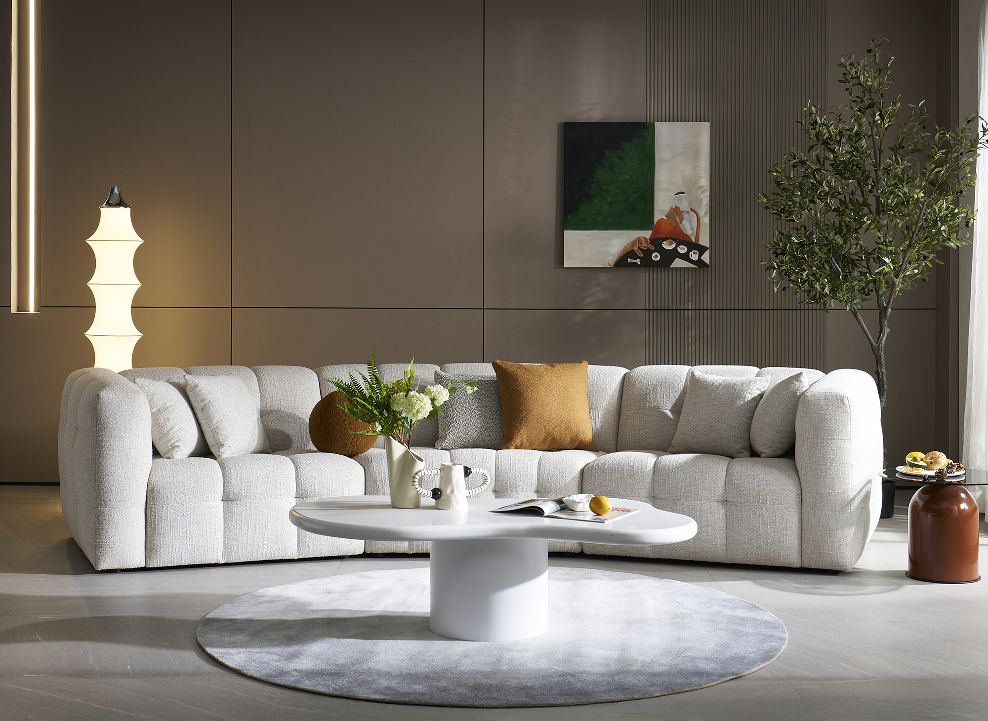 Sofá recto ARELIA de 5 plazas en terciopelo texturizado beige