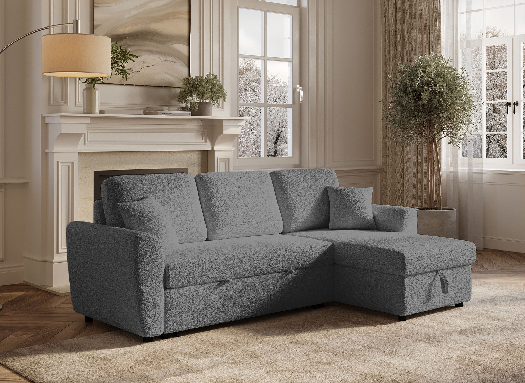 Sofá esquinero convertible y reversible ADRYEN con almacenaje en tejido bouclé gris