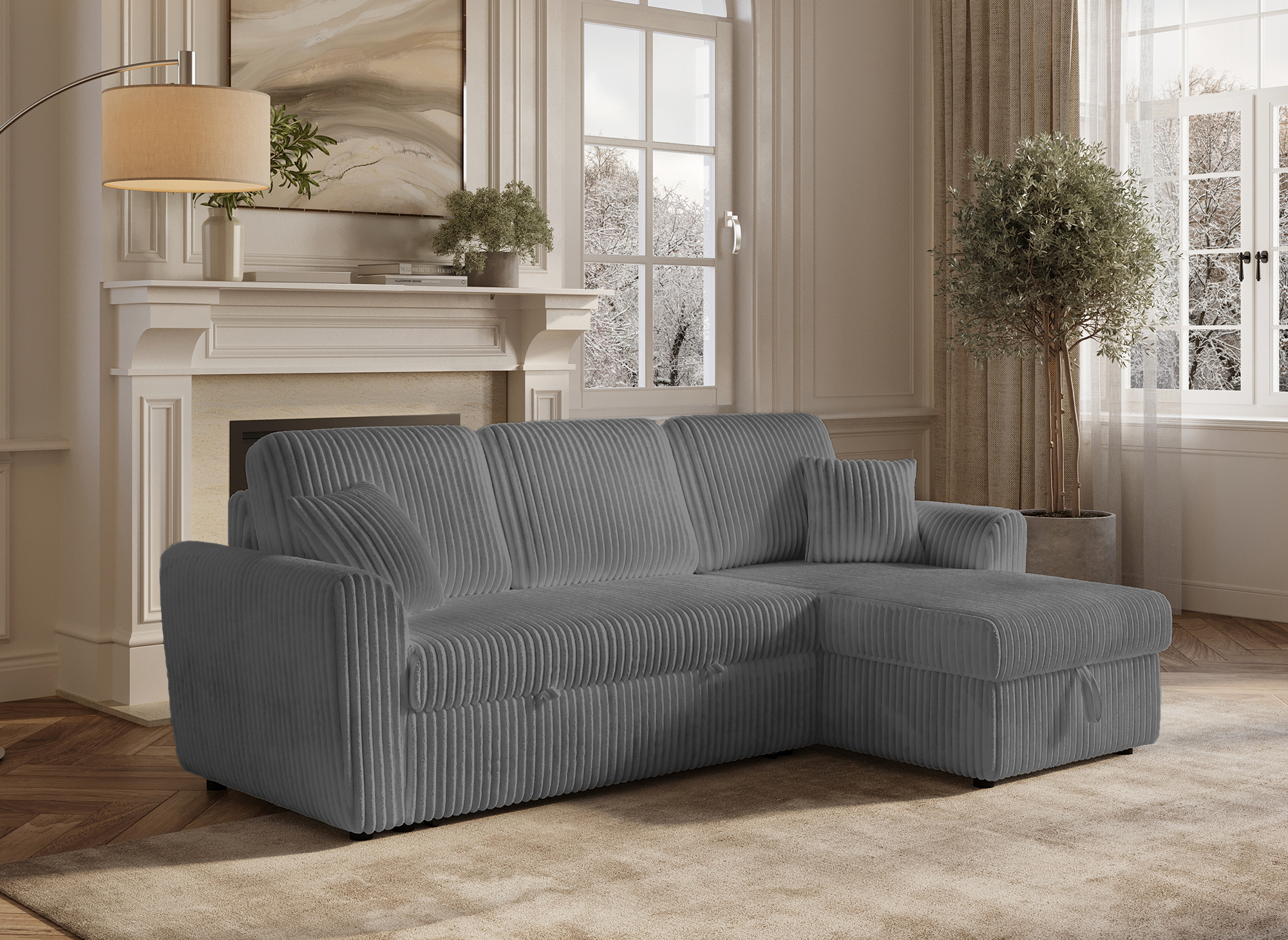 Sofá esquinero convertible y reversible ADRYEN con almacenaje en pana gris gruesa