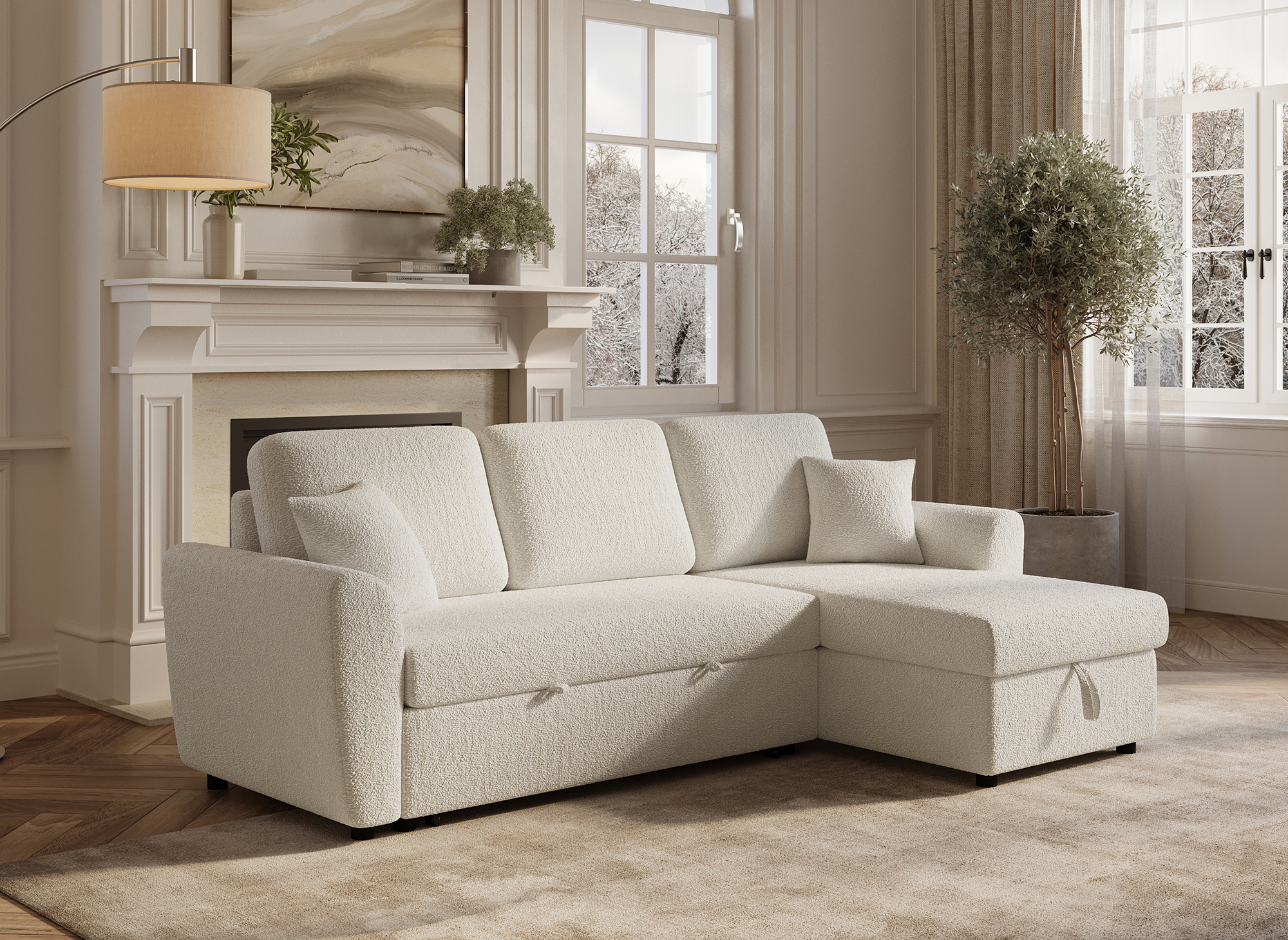 Sofá esquinero convertible y reversible ADRYEN con almacenaje en tejido bouclé beige