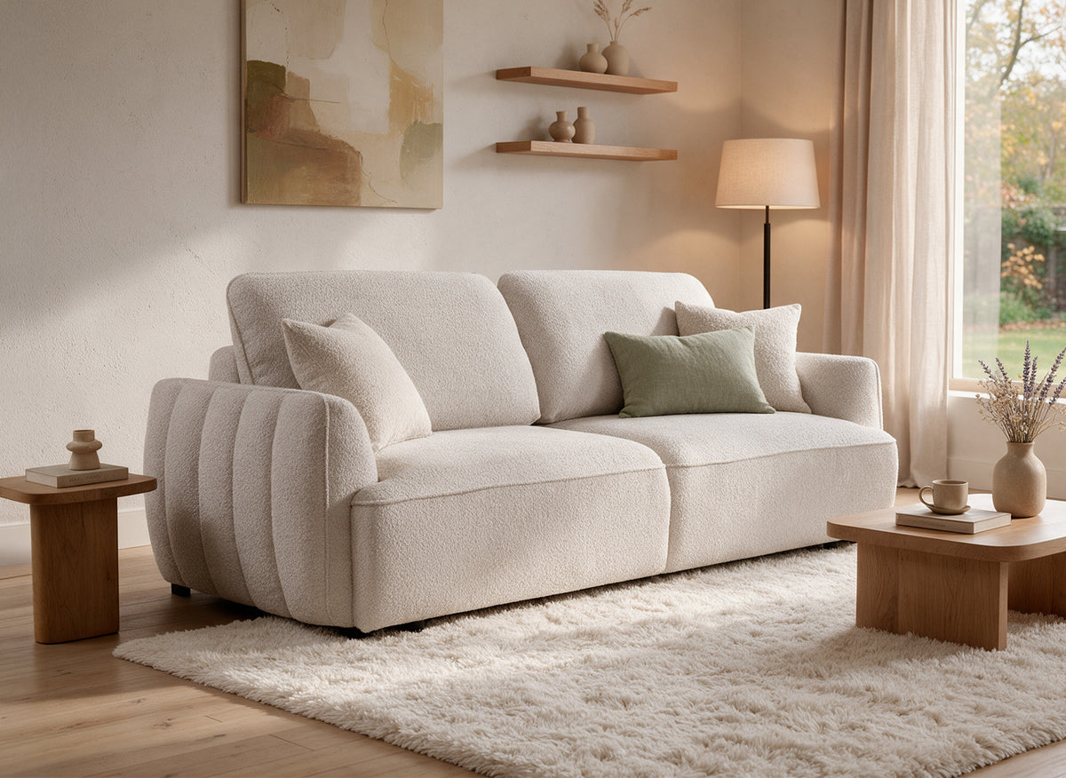 Sofá convertible recto de 3 plazas con cómoda en tejido rizo beige LAUDINE