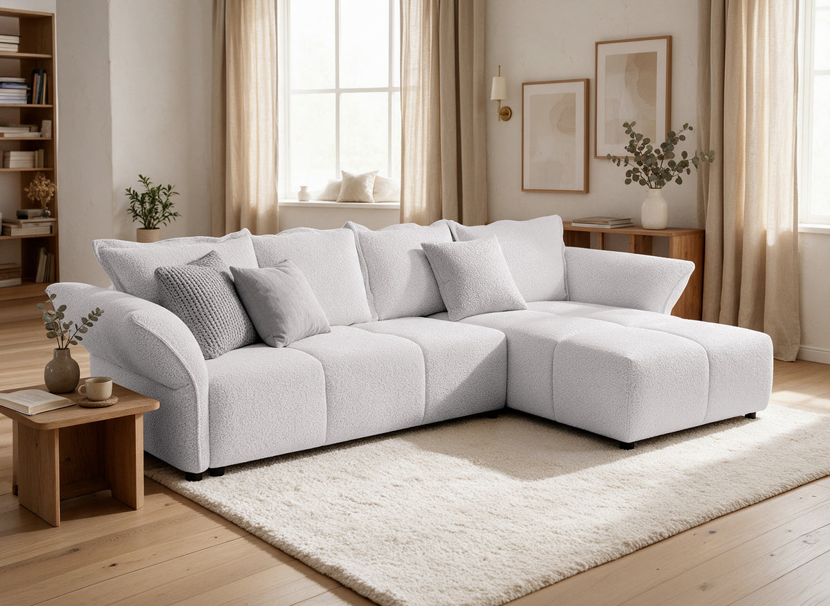 Sofá esquinero convertible reversible en terciopelo tejido beige BELINE