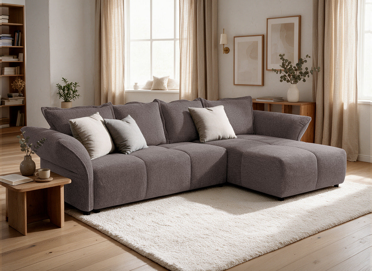 Sofá esquinero convertible reversible en terciopelo tejido marrón BELINE