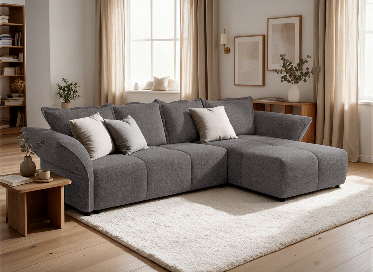 Sofá esquinero convertible reversible en terciopelo tejido gris BELINE