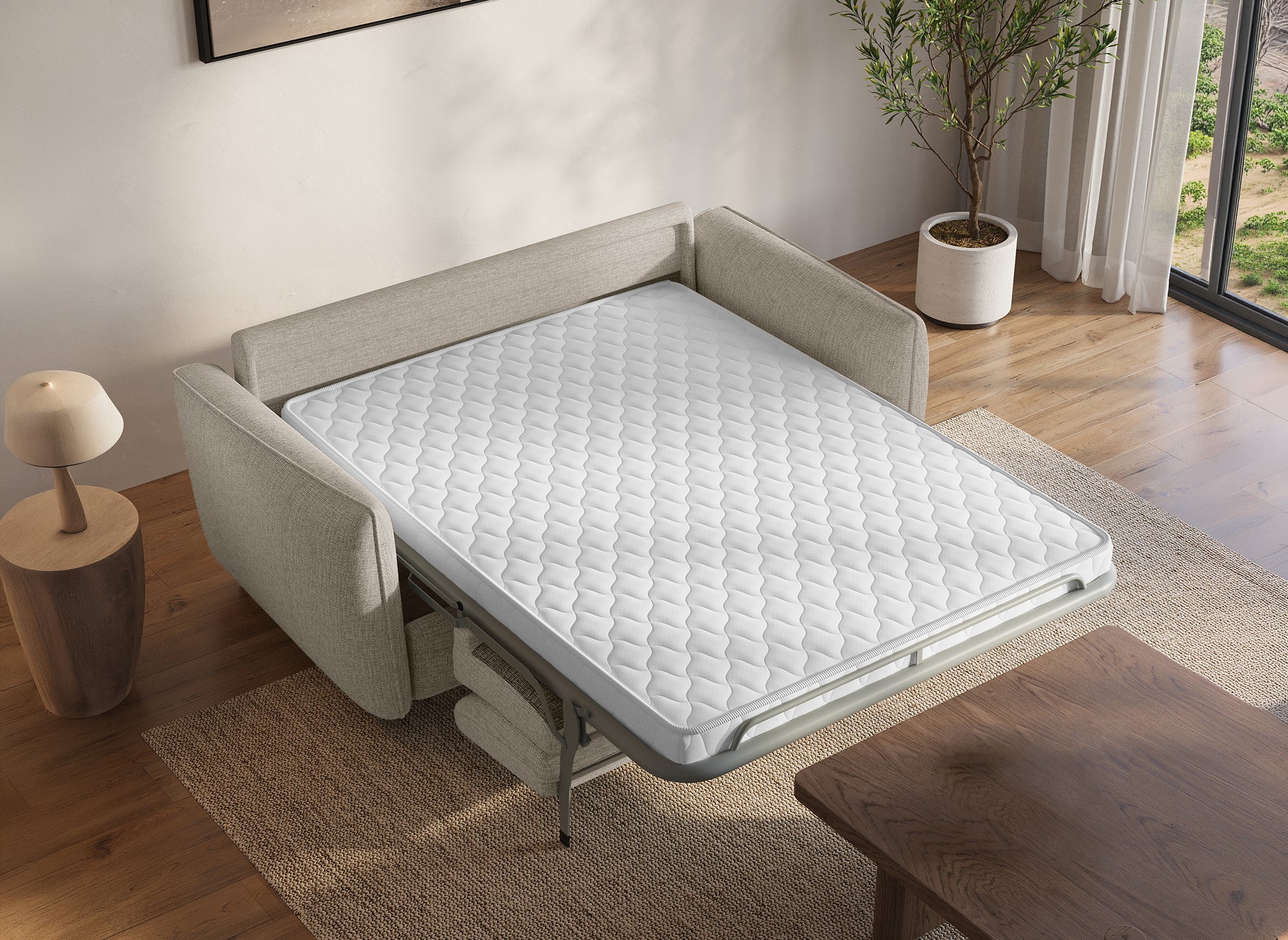 Sofá convertible express de 3 plazas CHIARA en terciopelo texturizado beige