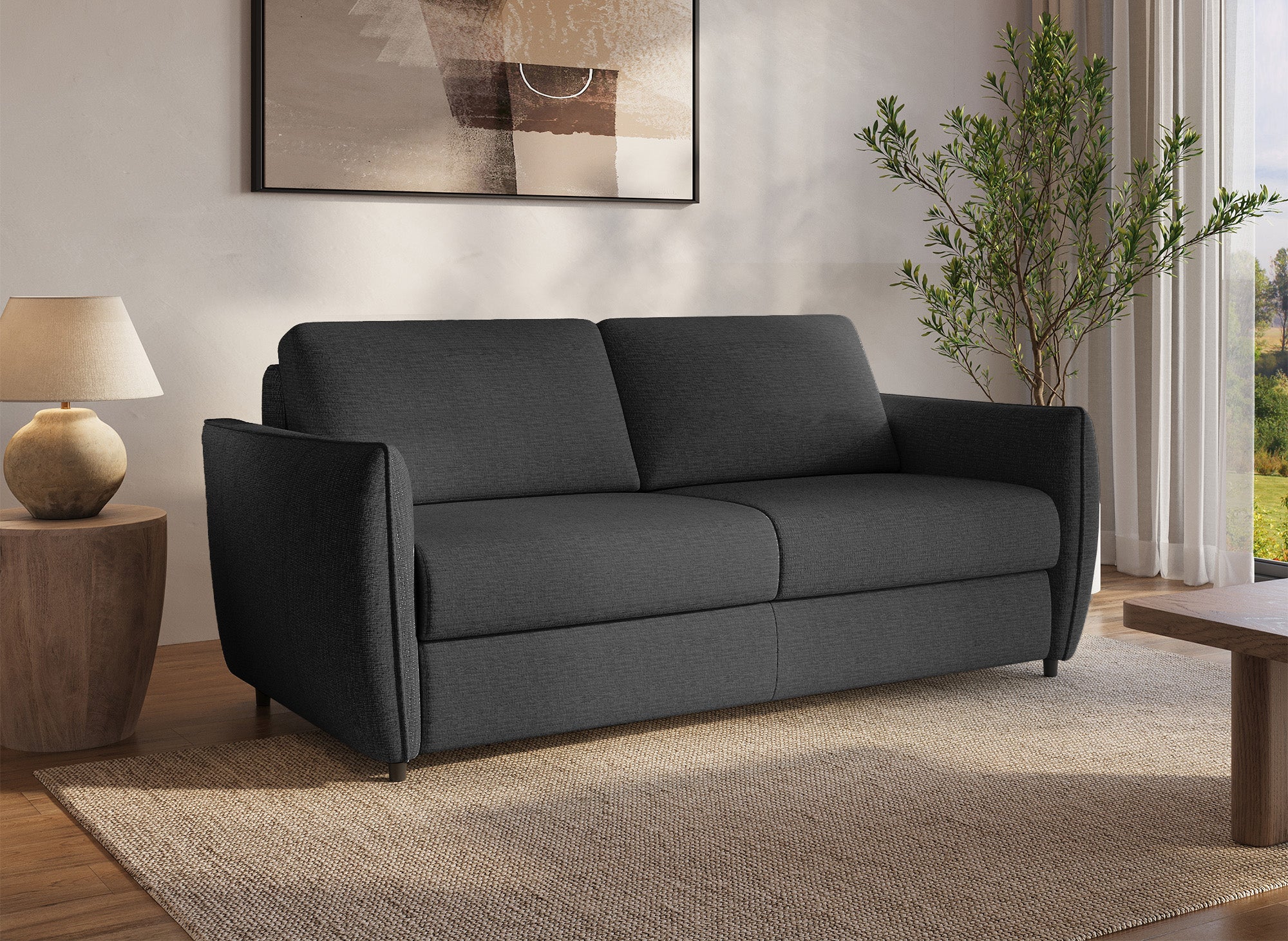 Sofá convertible express de 3 plazas CHIARA en terciopelo texturizado gris oscuro