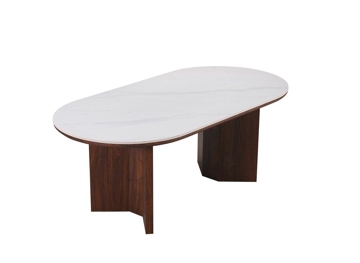 Mesita de cerámica beige con patas de madera de nogal AMANDINE