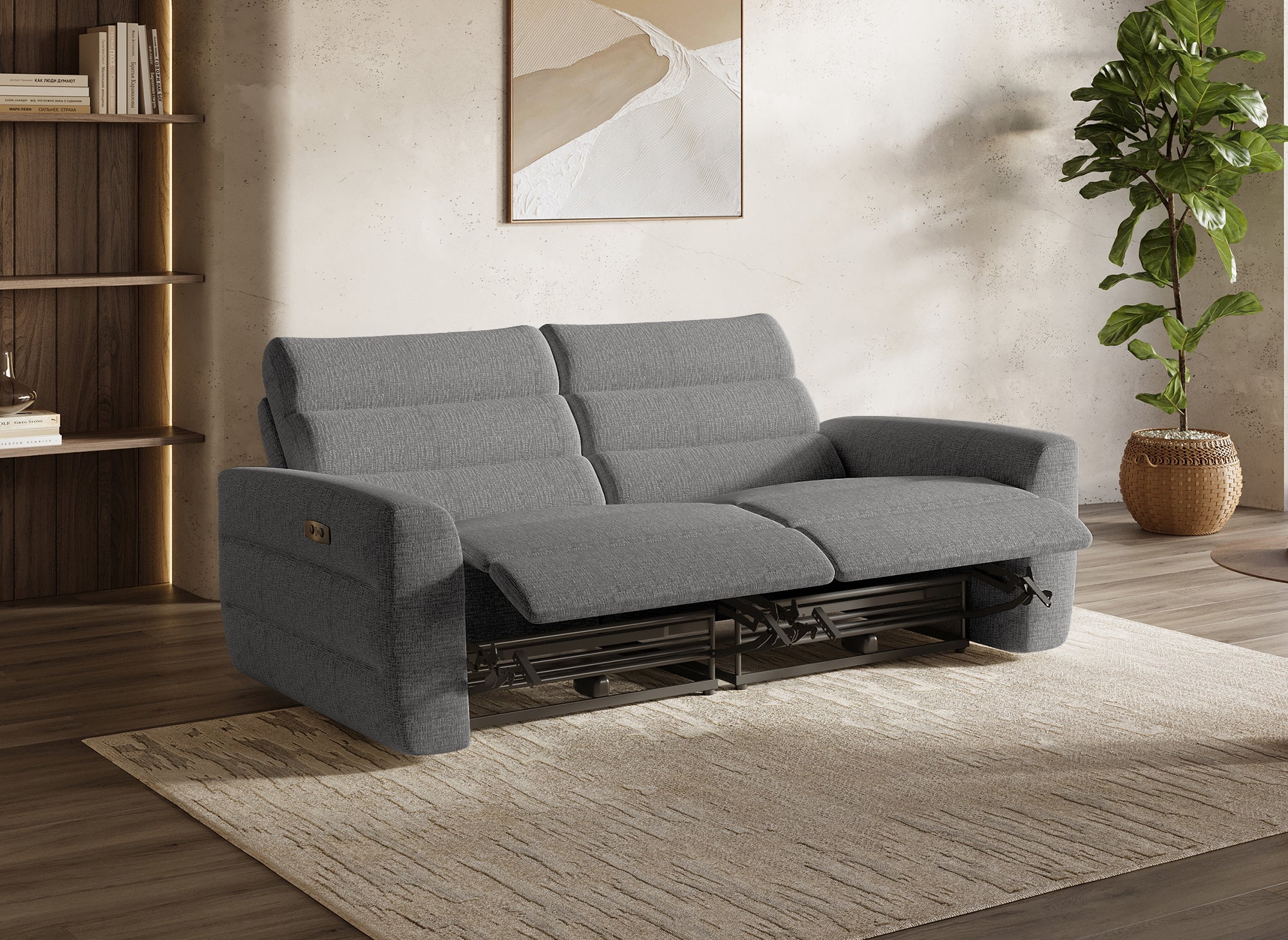 Sofá reclinable eléctrico de 3 plazas DAVY en tela bouclé gris