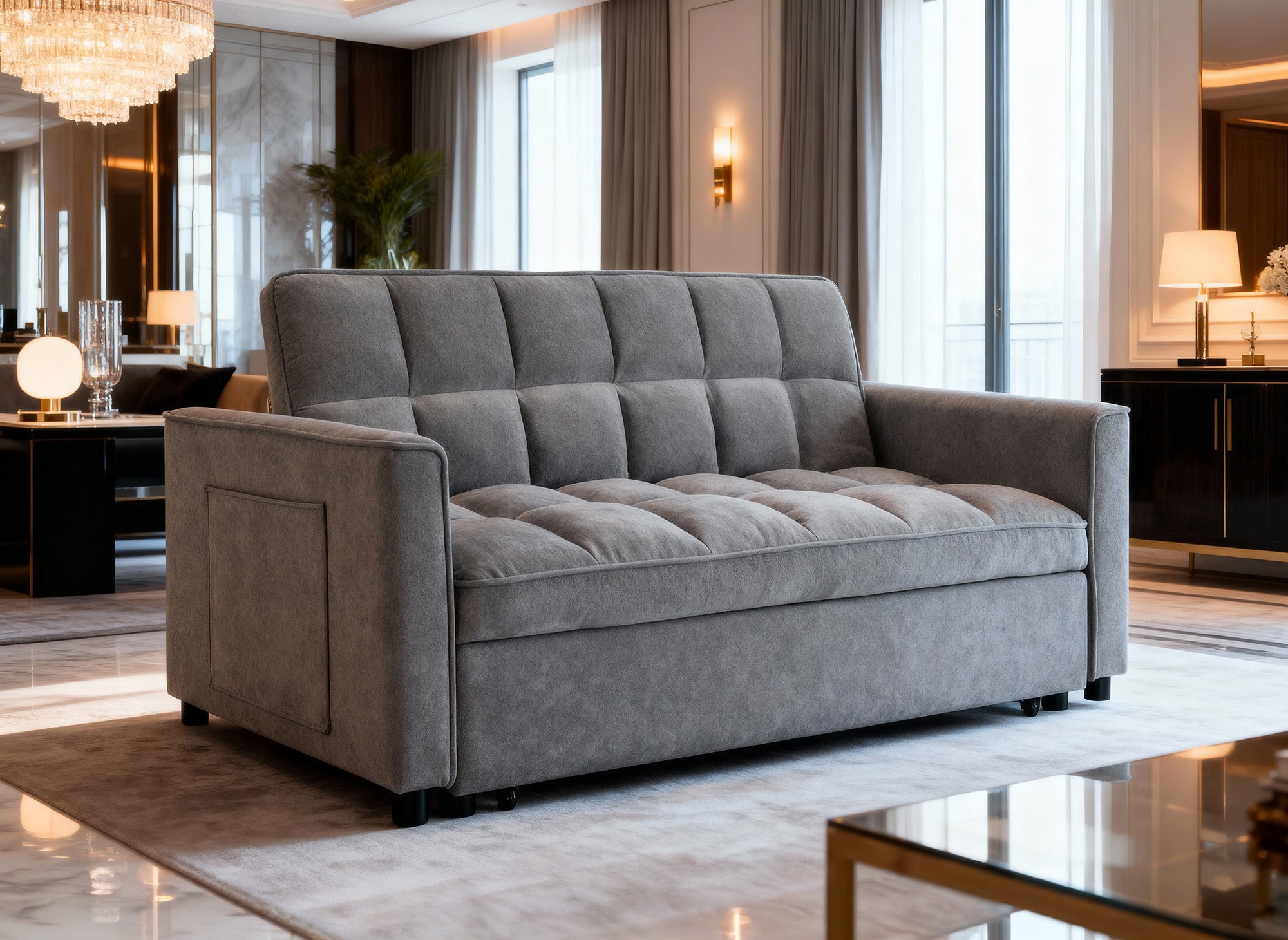 Sofá cama JASPER de 2 plazas en terciopelo gris texturizado