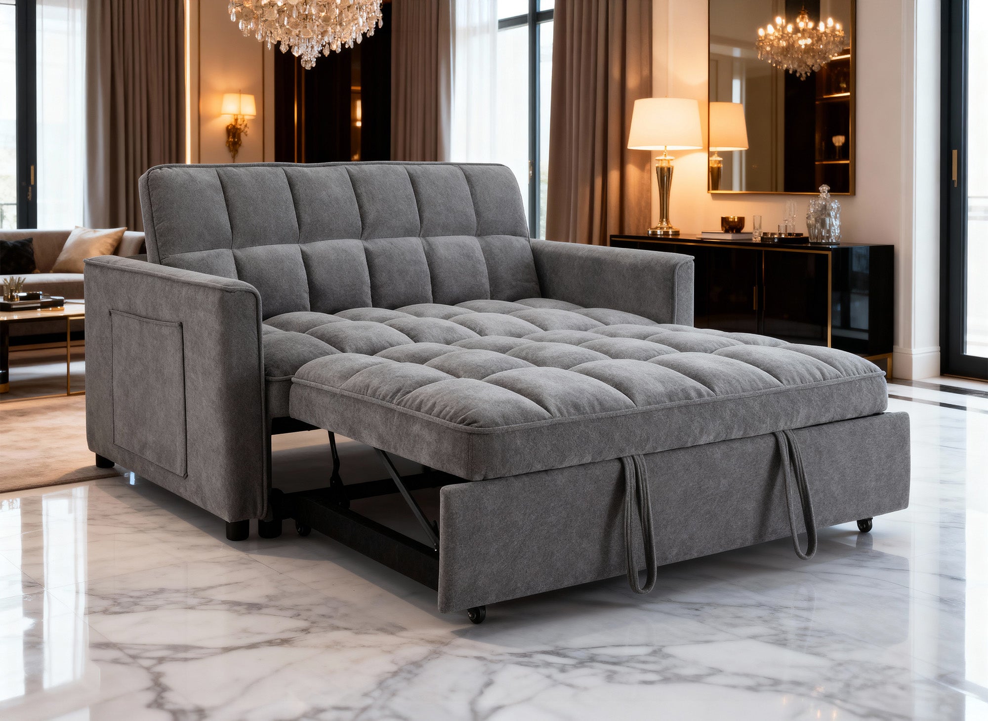 Sofá cama JASPER de 2 plazas en terciopelo gris texturizado