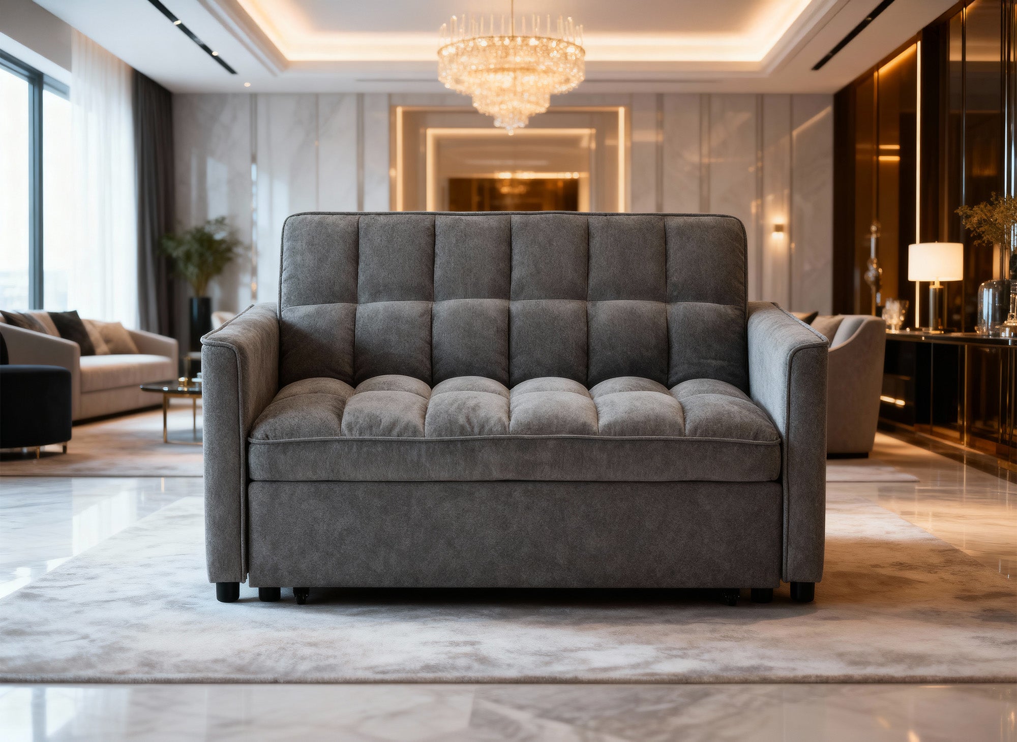 Sofá cama JASPER de 2 plazas en terciopelo gris texturizado