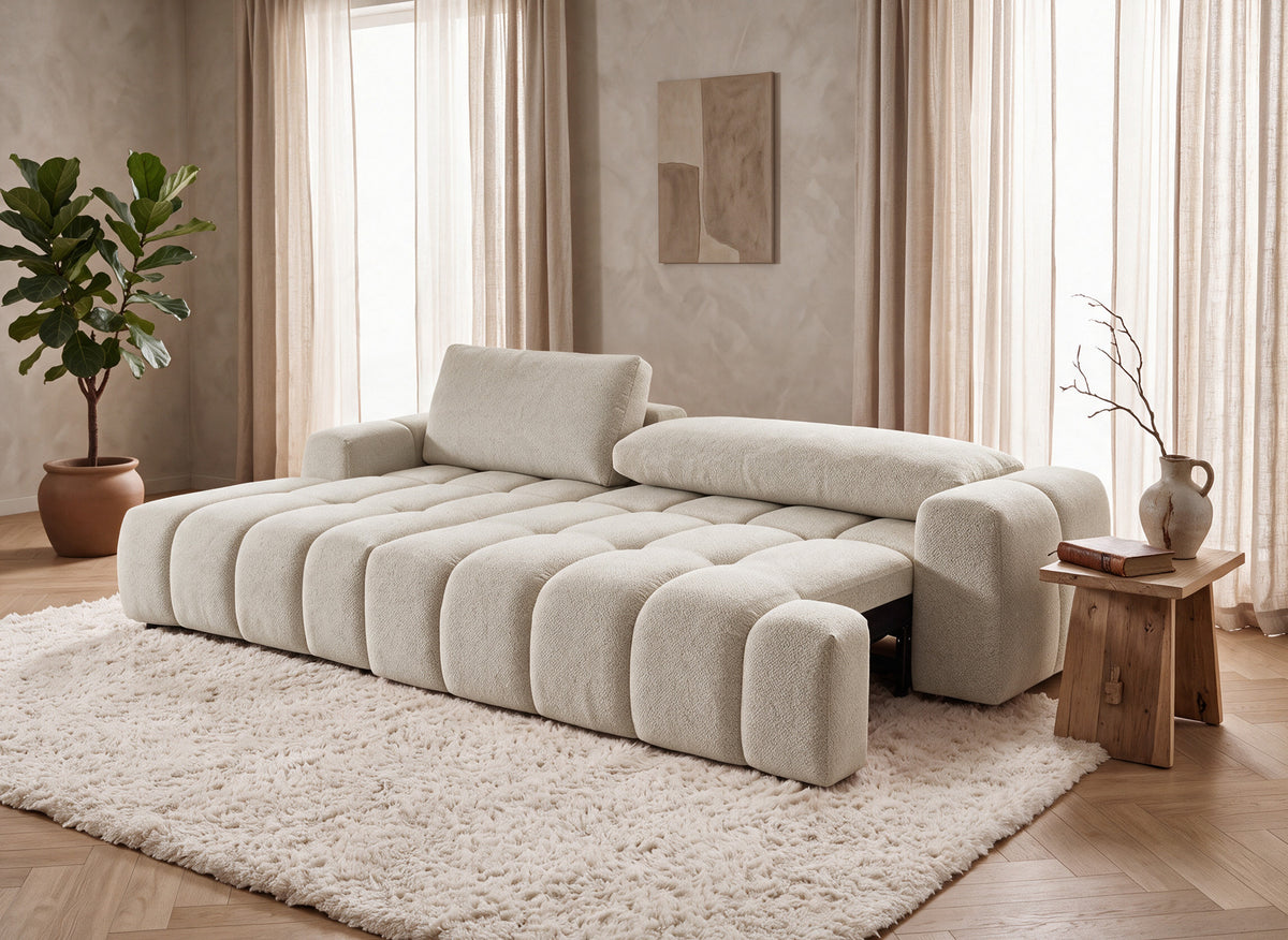 Sofá esquinero convertible con cómoda en tejido texturado beige BERENICE - Esquina izquierda