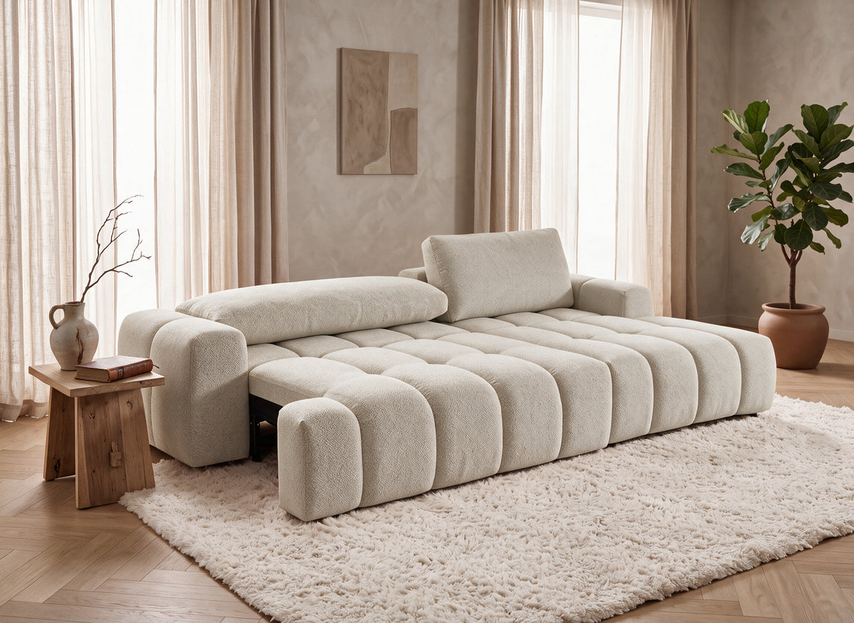 Sofá rinconera convertible con arcón en tejido texturizado beige BERENICE - Esquina derecha