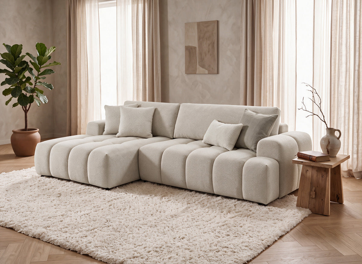Sofá esquinero convertible con cómoda en tejido texturado beige BERENICE - Esquina izquierda