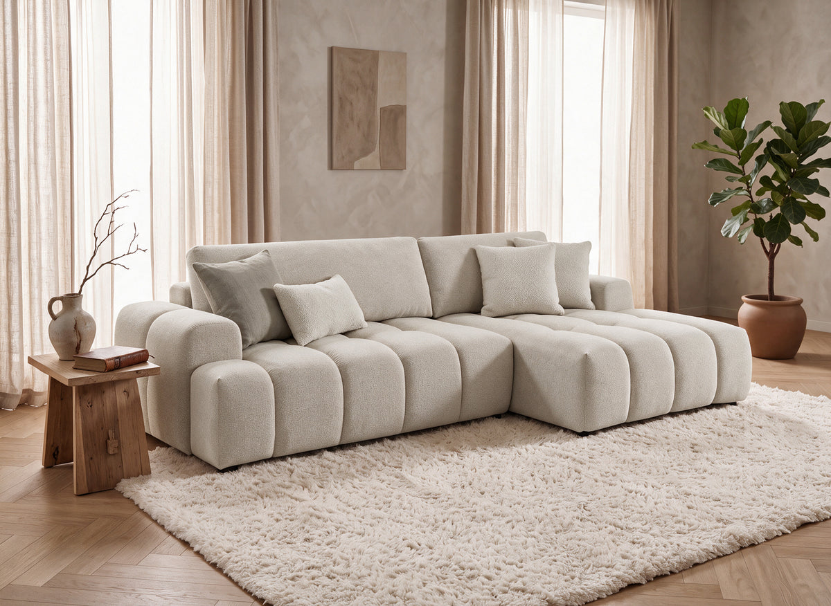 Sofá rinconera convertible con arcón en tejido texturizado beige BERENICE - Esquina derecha
