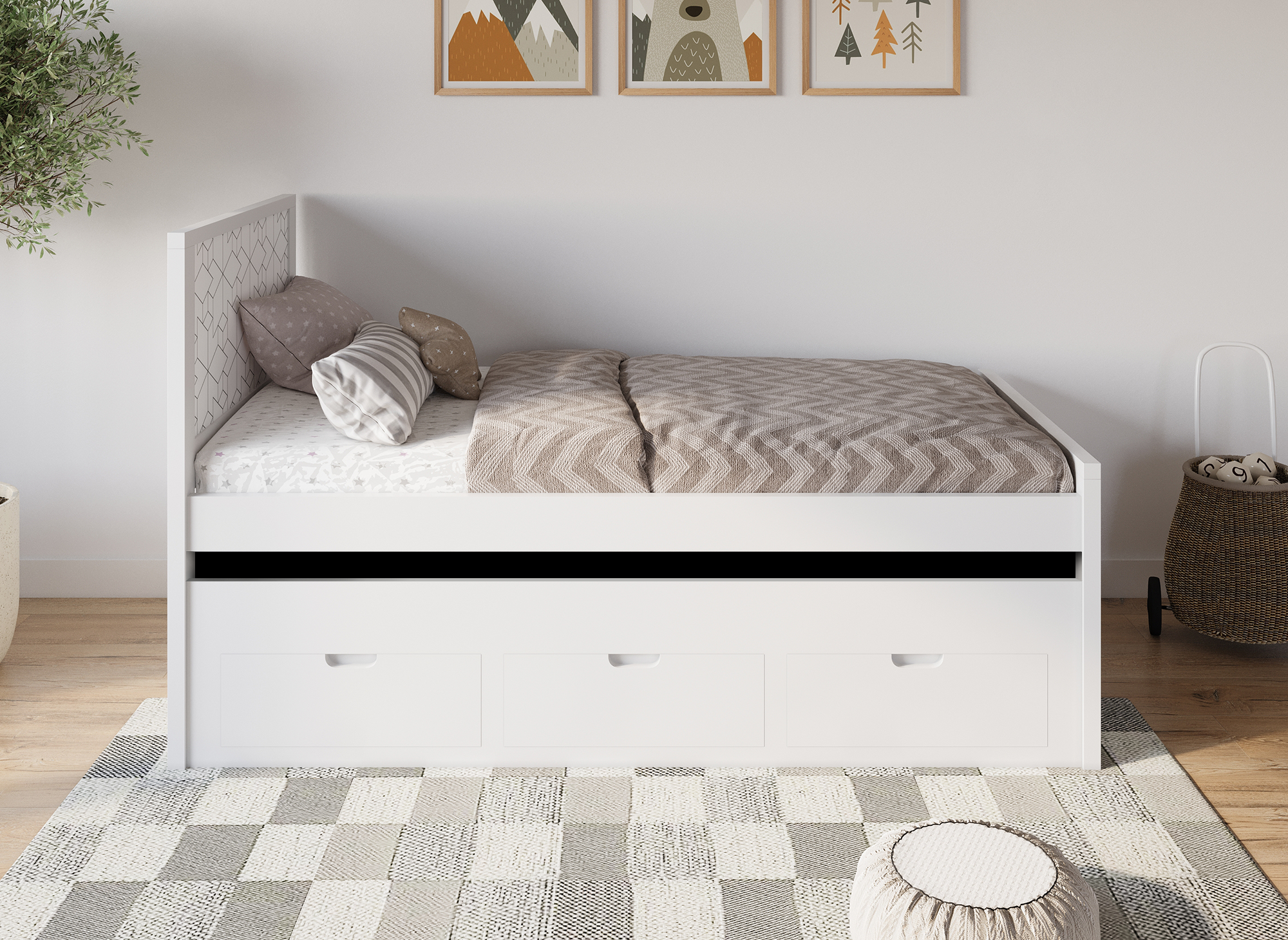 Cama nido ENORA de madera blanca con cajones, 90 x 190 cm