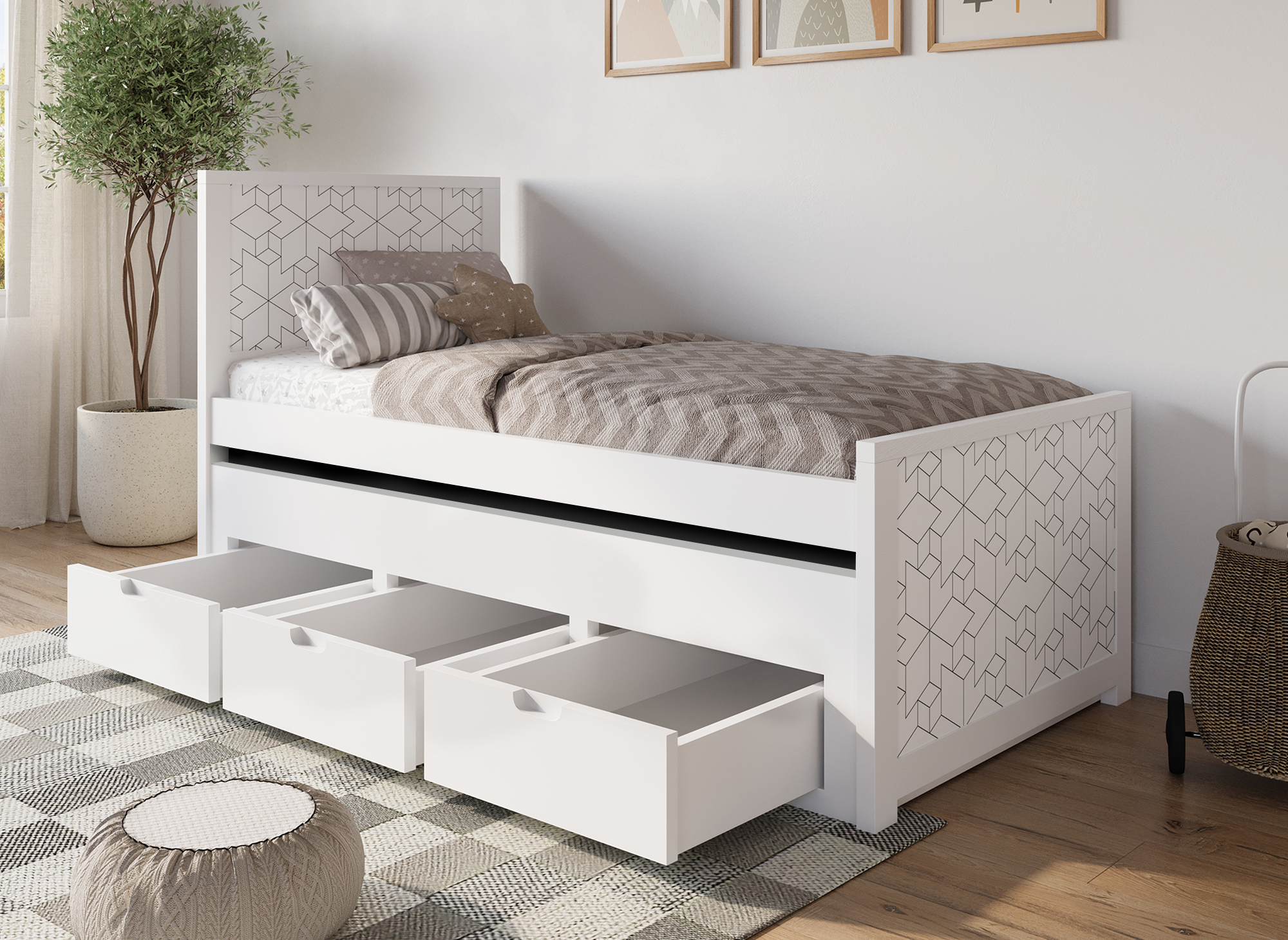 Cama nido ENORA de madera blanca con cajones, 90 x 190 cm