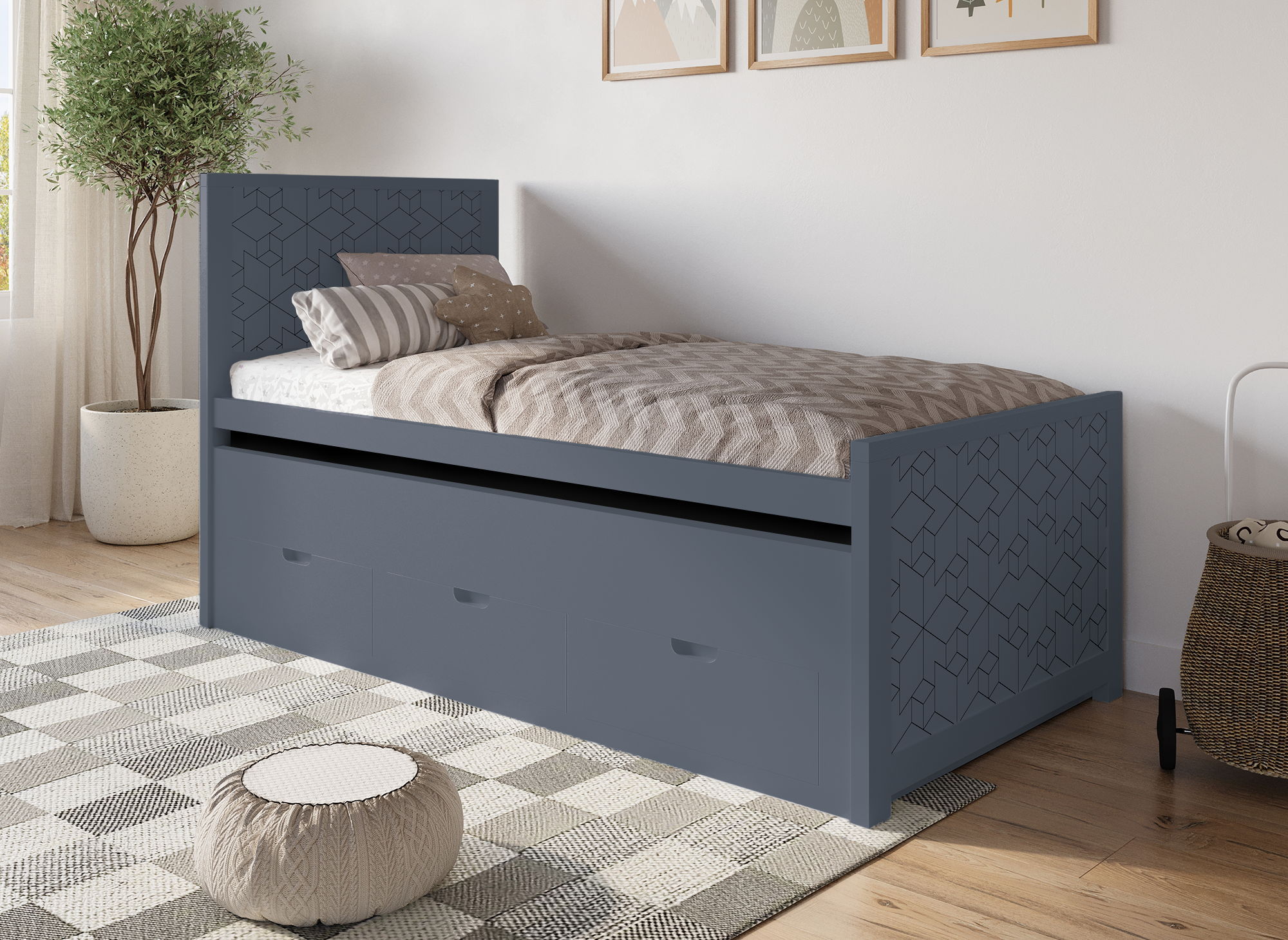 Cama nido ENORA con cajones en madera gris, 90 x 190 cm